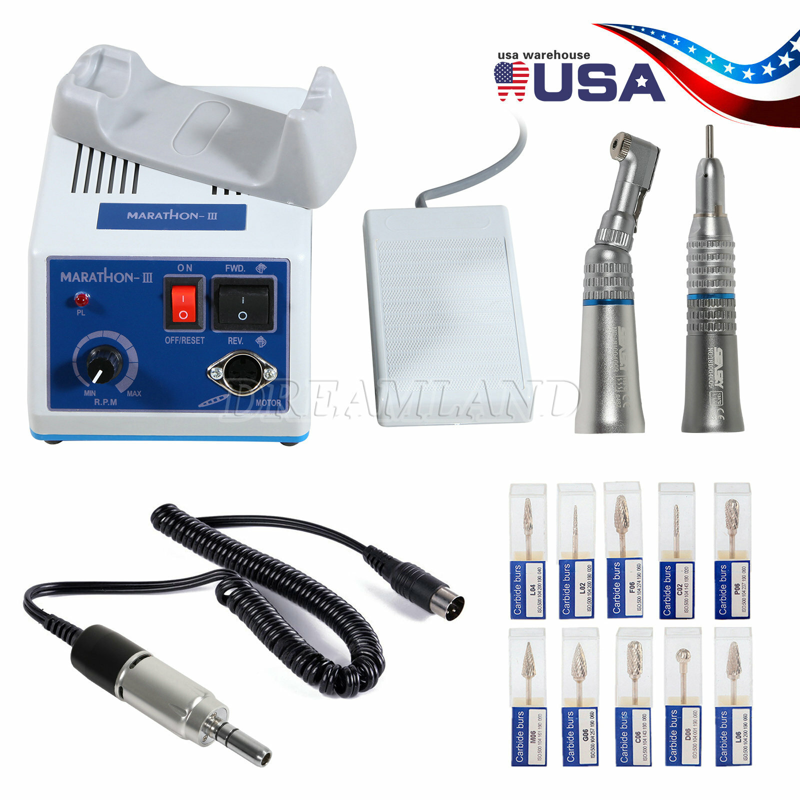 Dental Lab Marathon Micro Motor 35K RPM/Straight Contra Angle Handpiece Burs CLK
