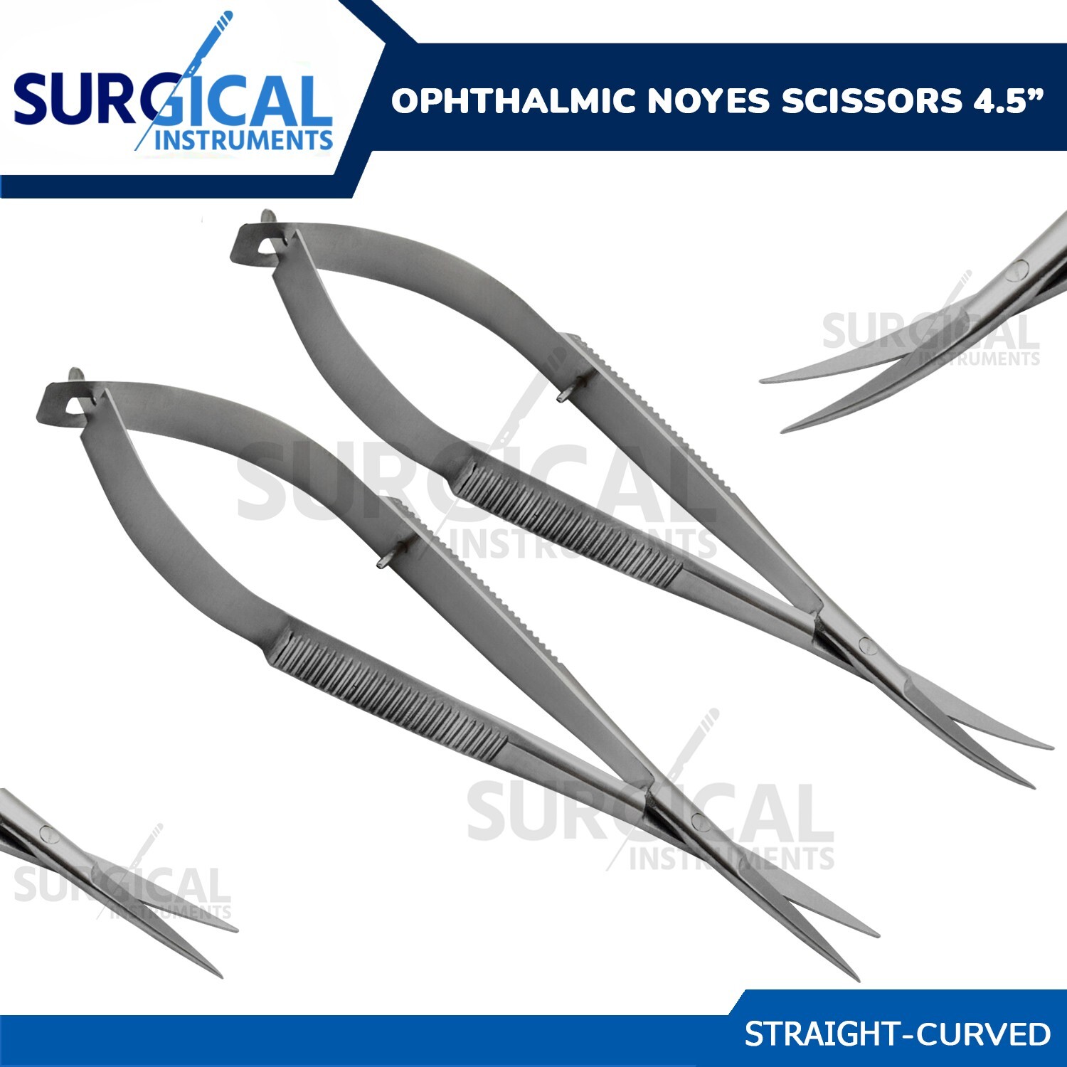 2 Noyes Scissors Ophthalmic Surgical Lab Instruments 1 STR. 1 Curved 4.5″ 4.50″