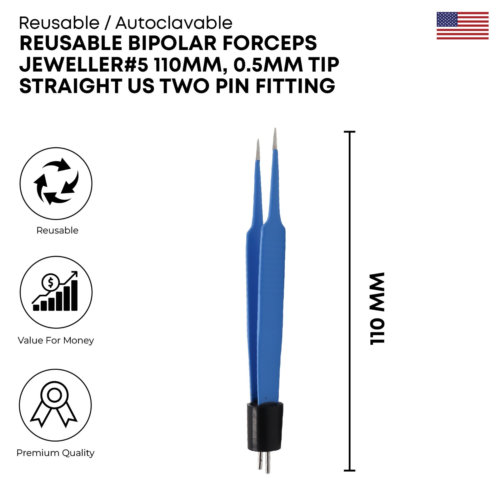 Bipolar Forceps Jeweller#5 110mm 0.5mm Tip Straight US Two Pin Fitting