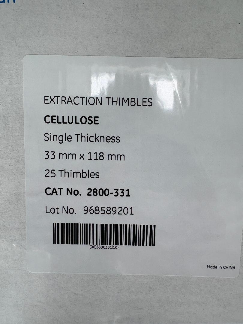 Factory Seal Whatman 2800-331 Cellulose Extraction Thimbles (25 pcs), 33 x 118mm