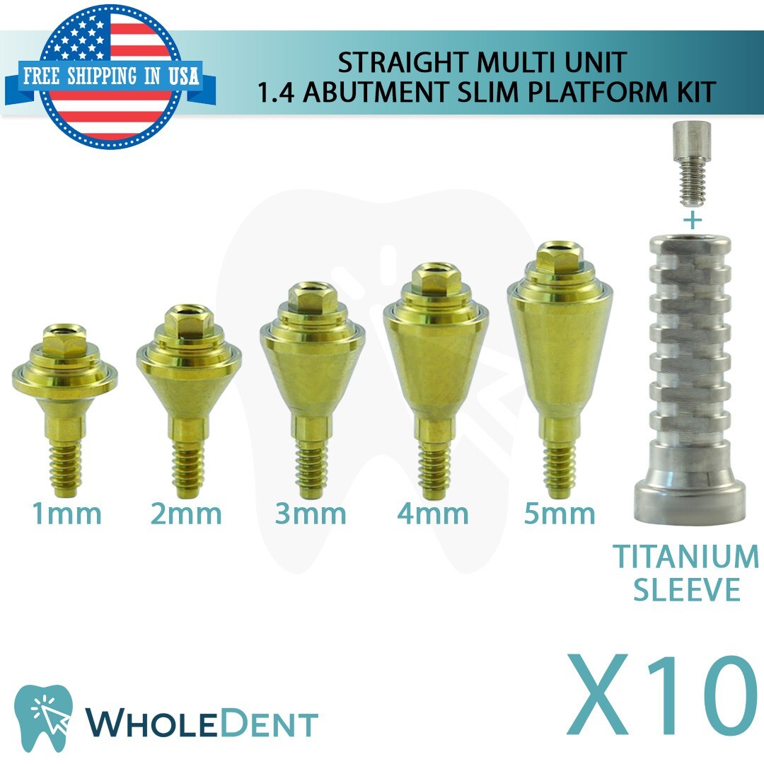 10x Straight Multi Unit 1.4mm Slim Abutment Titanium Sleeve Set Int Hex 2.0mm