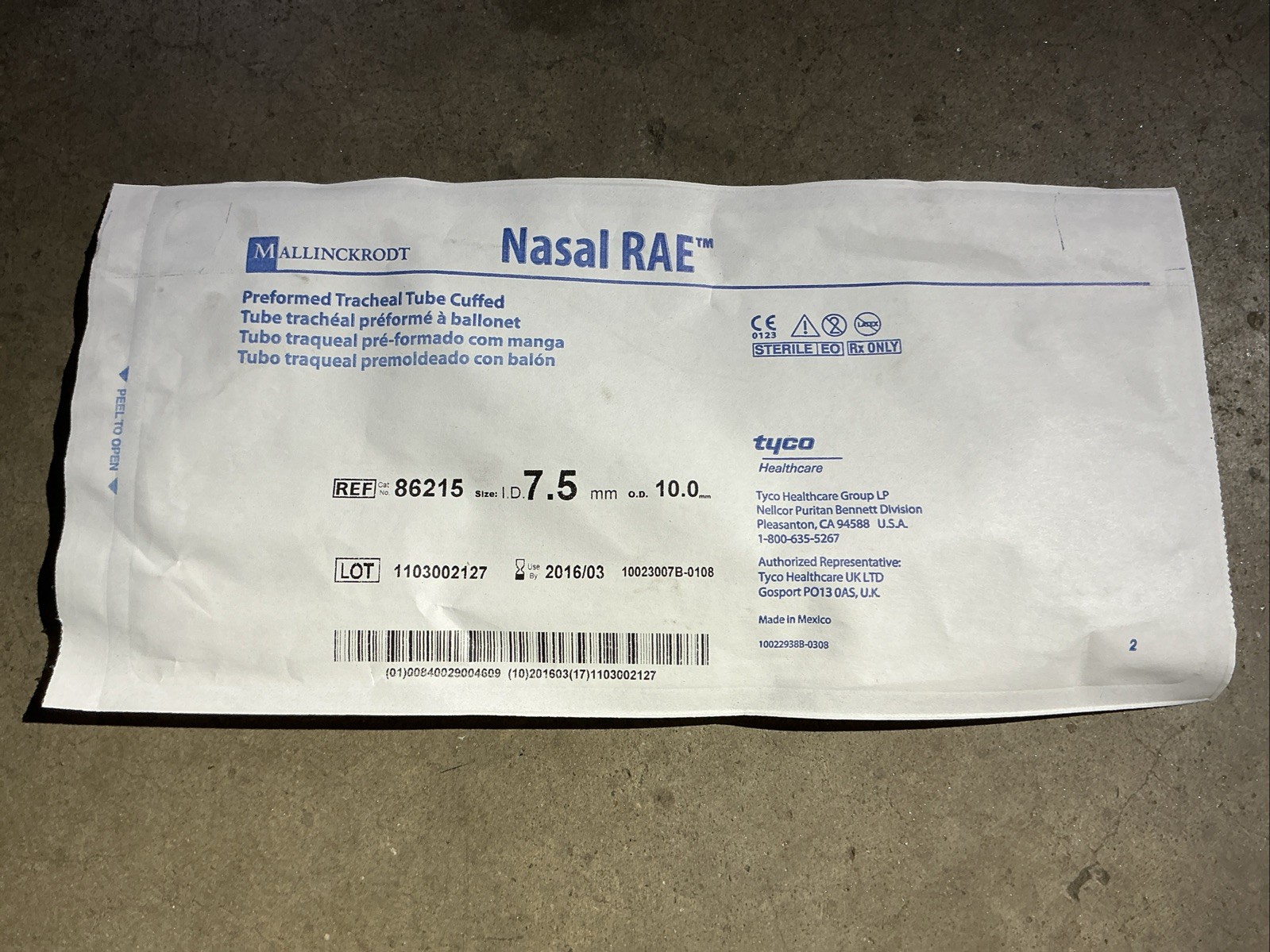 Mallinckrodt Nasal RAE Set Of 4 Cuffed Tracheal Tube 86215 01-657-6189 7.5mm