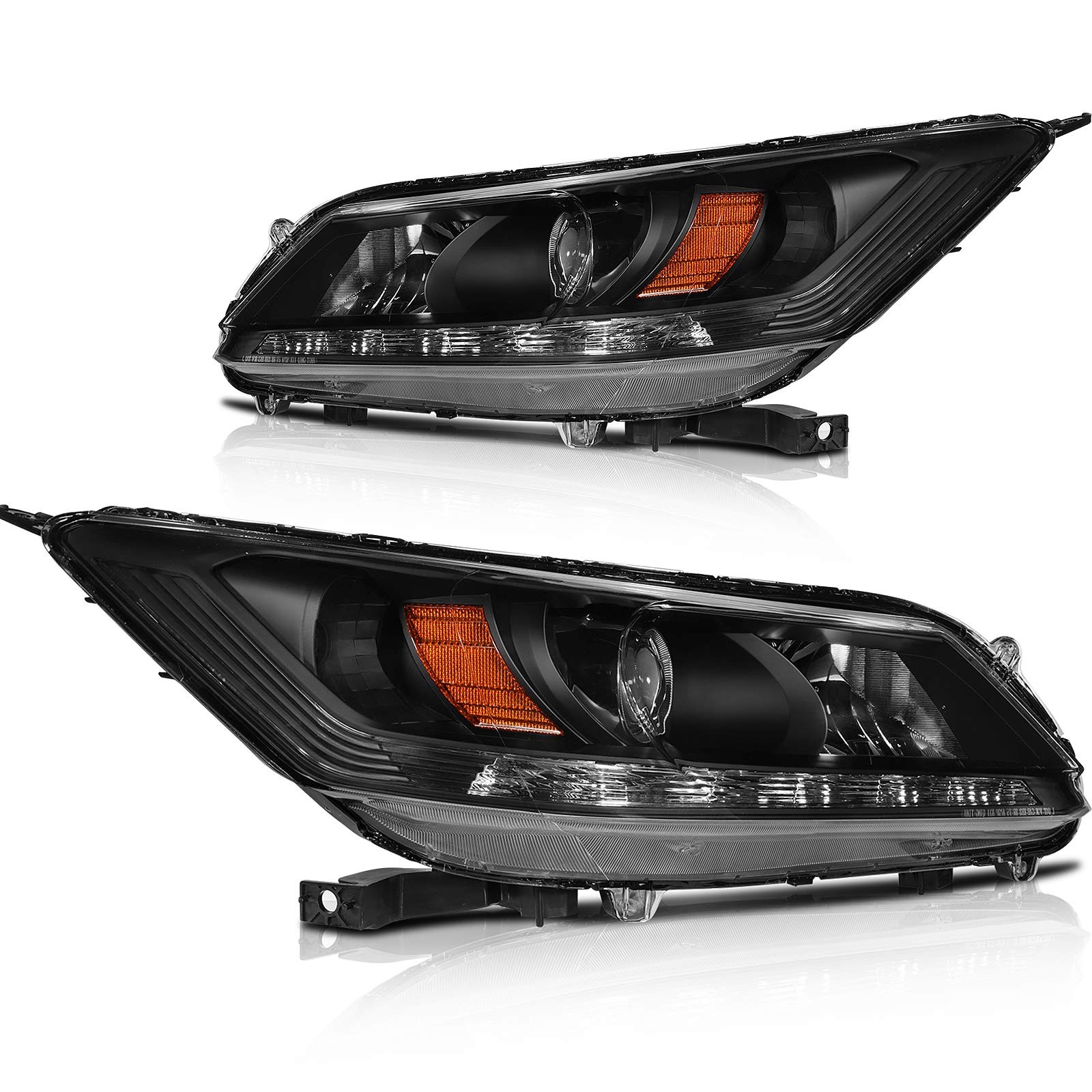 Replacement 2013-2015 Accord 4Dr Headlight Pair Blk Hous Amber Refl Clr Lens