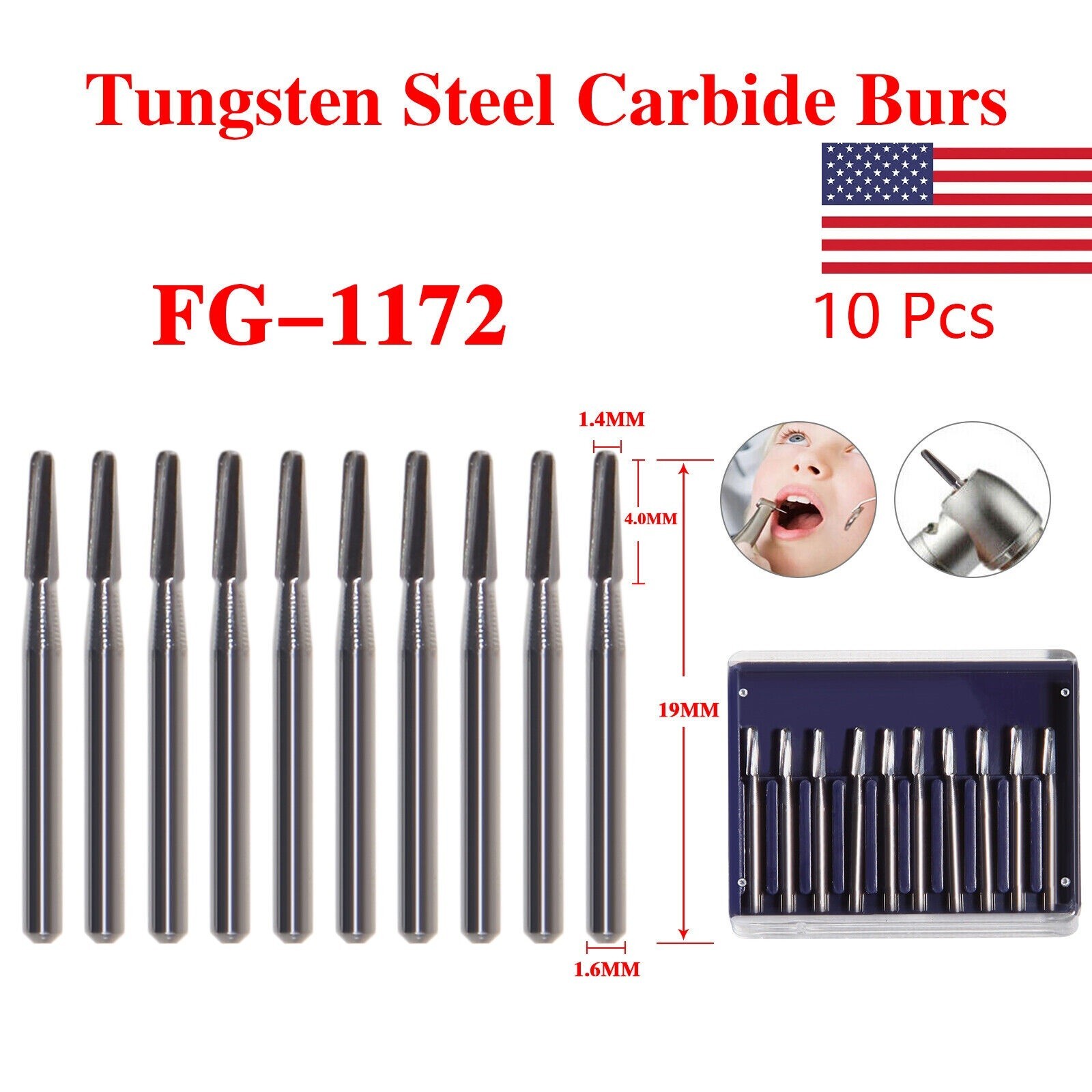 10pcs/ 1 box Dental Carbide Bur FG-1172 Friction Grip Midwest Tungsten steel USA