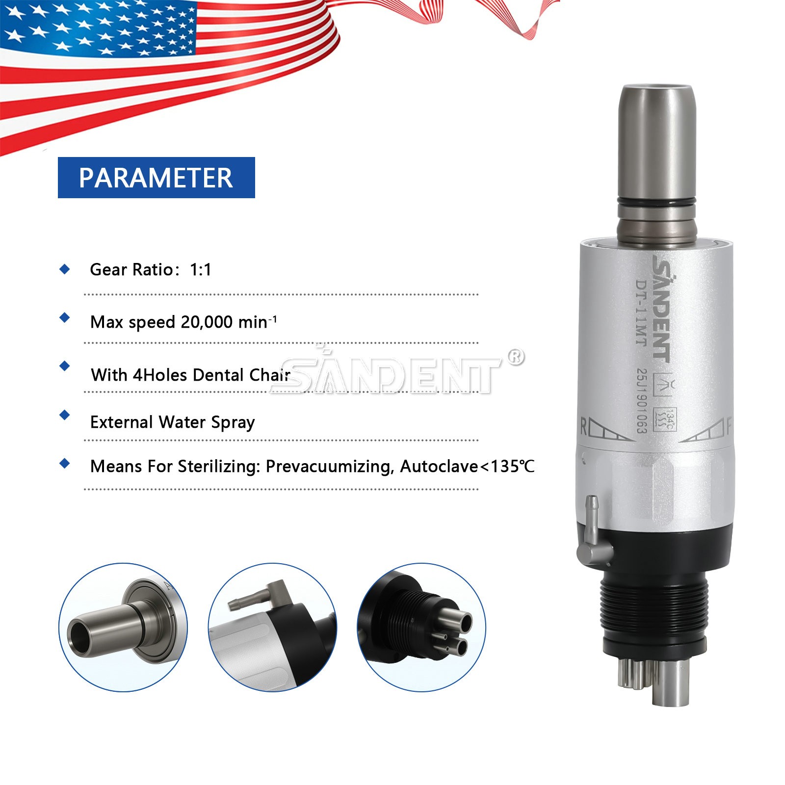 Dental Low Speed Handpiece Kit 4H Contra Angle Straight Air Motor External Spray
