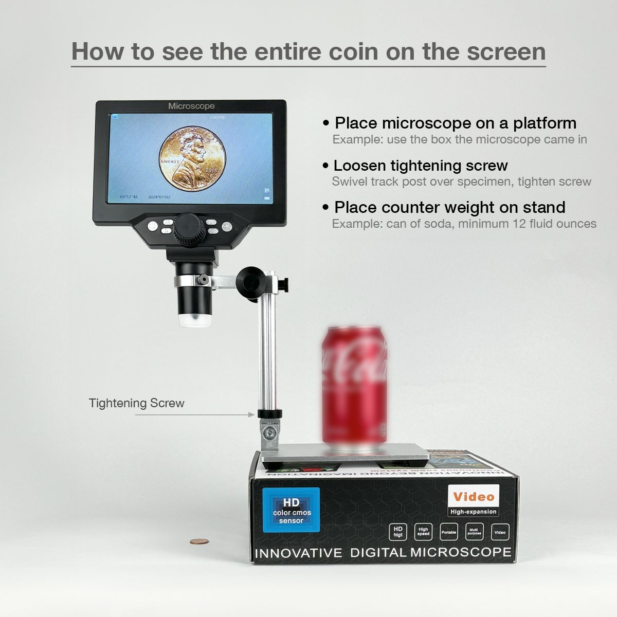 1-1200X LED Digital Microscope, HD 7 inch LCD Screen, 12 MP for Coin, Soldering