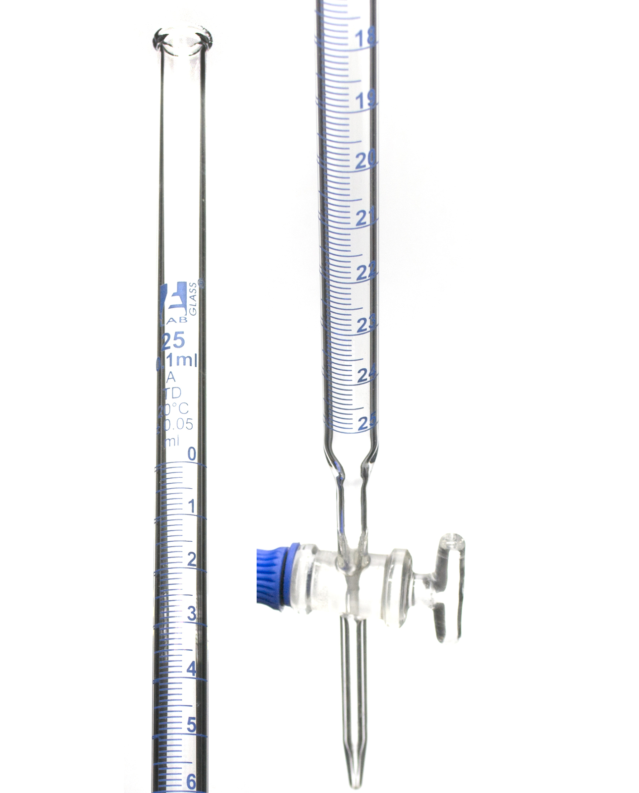 Class A 25mL Borosilicate Burette – 0.1mL Graduations – 0.05mL Tolerance –