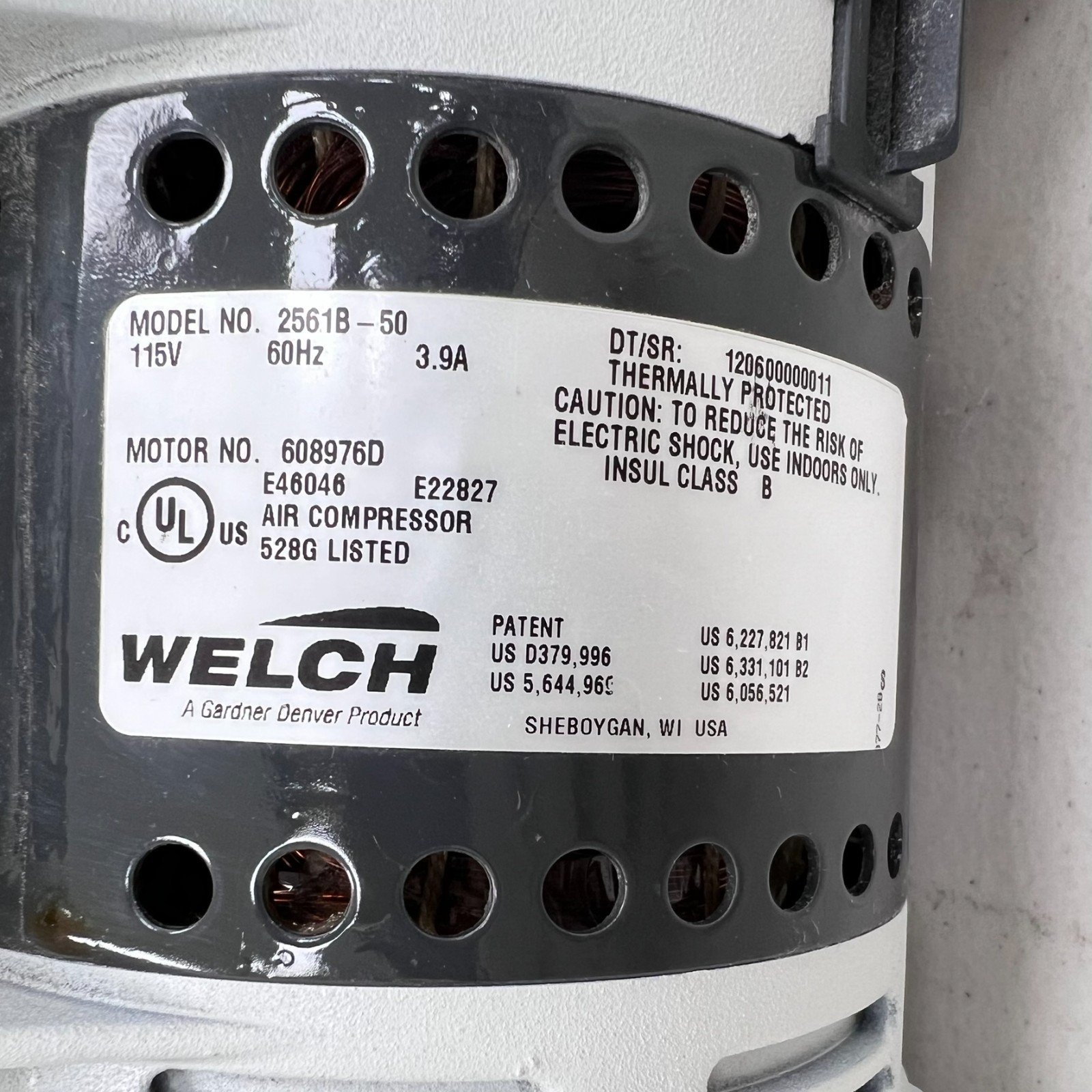 Welch 2561B-50 Standard Duty Dry Vacuum Piston Pump, 60 L/min, 115 VAC