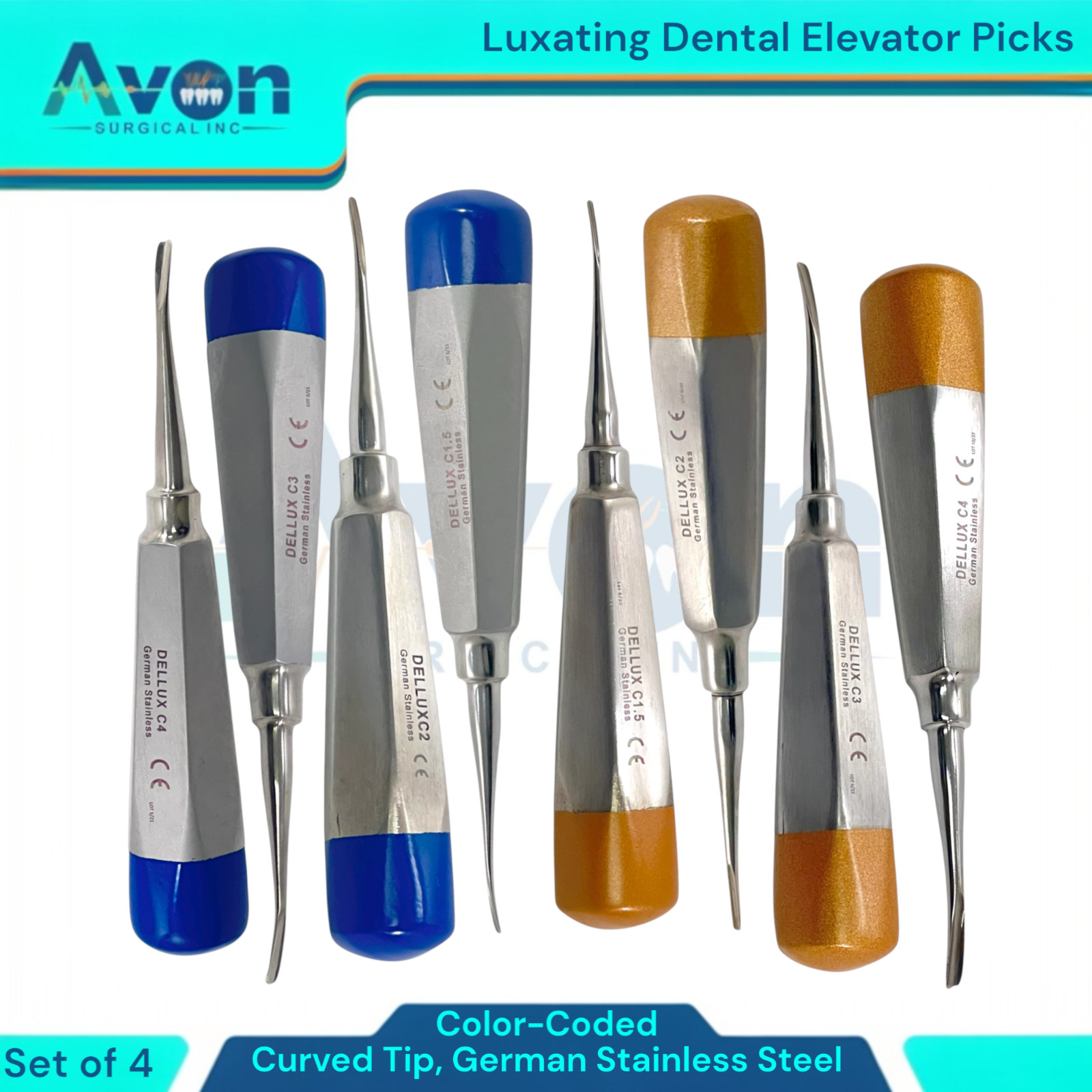 GERMAN Dental Luxating Elevator Tooth Extracting Tools 8 Pcs Curved (GOLD+BLUE )
