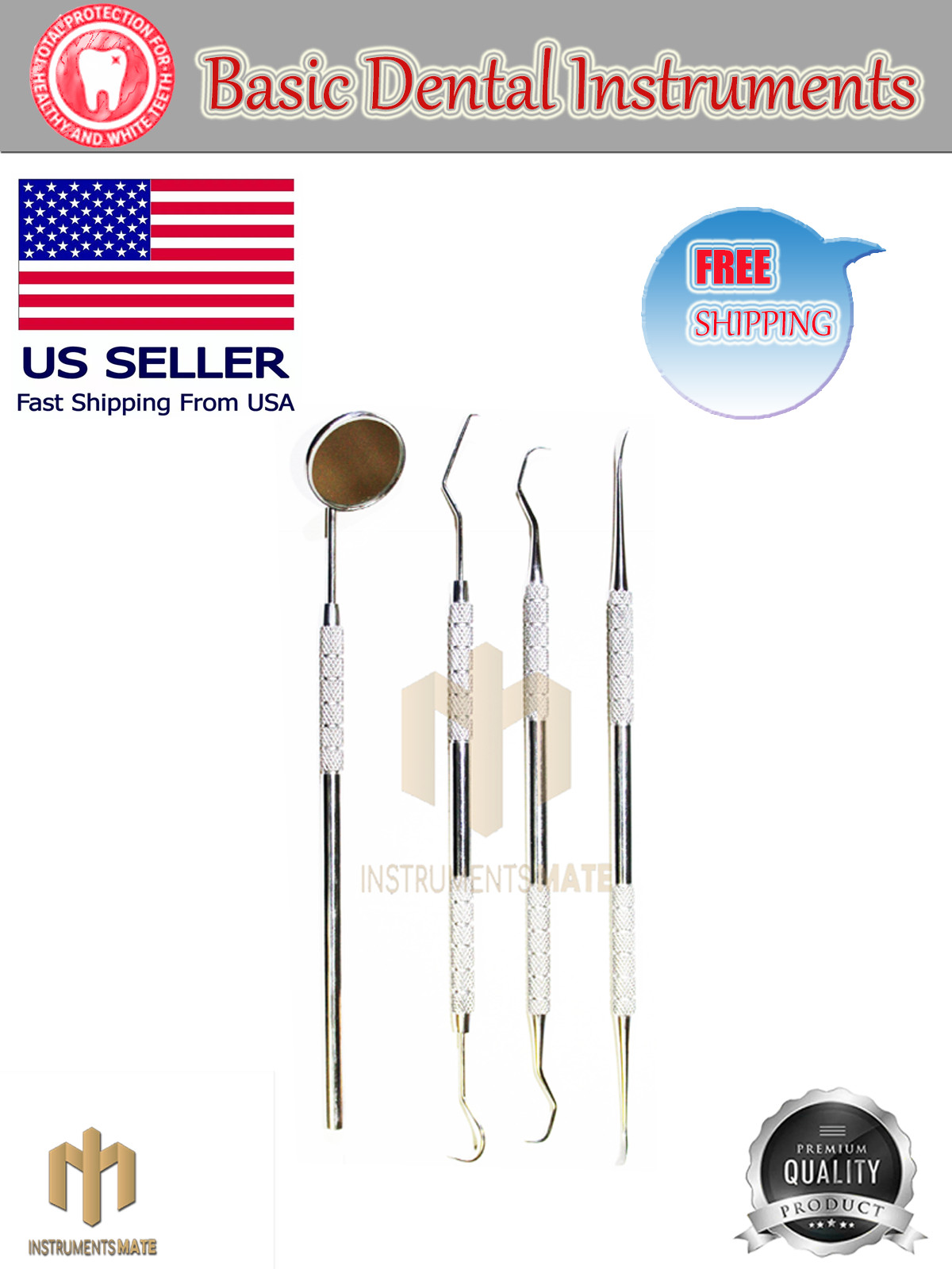 Dental Examination Kit Basic Hygiene tartar Mirror Explorer Cleaning Set of 4