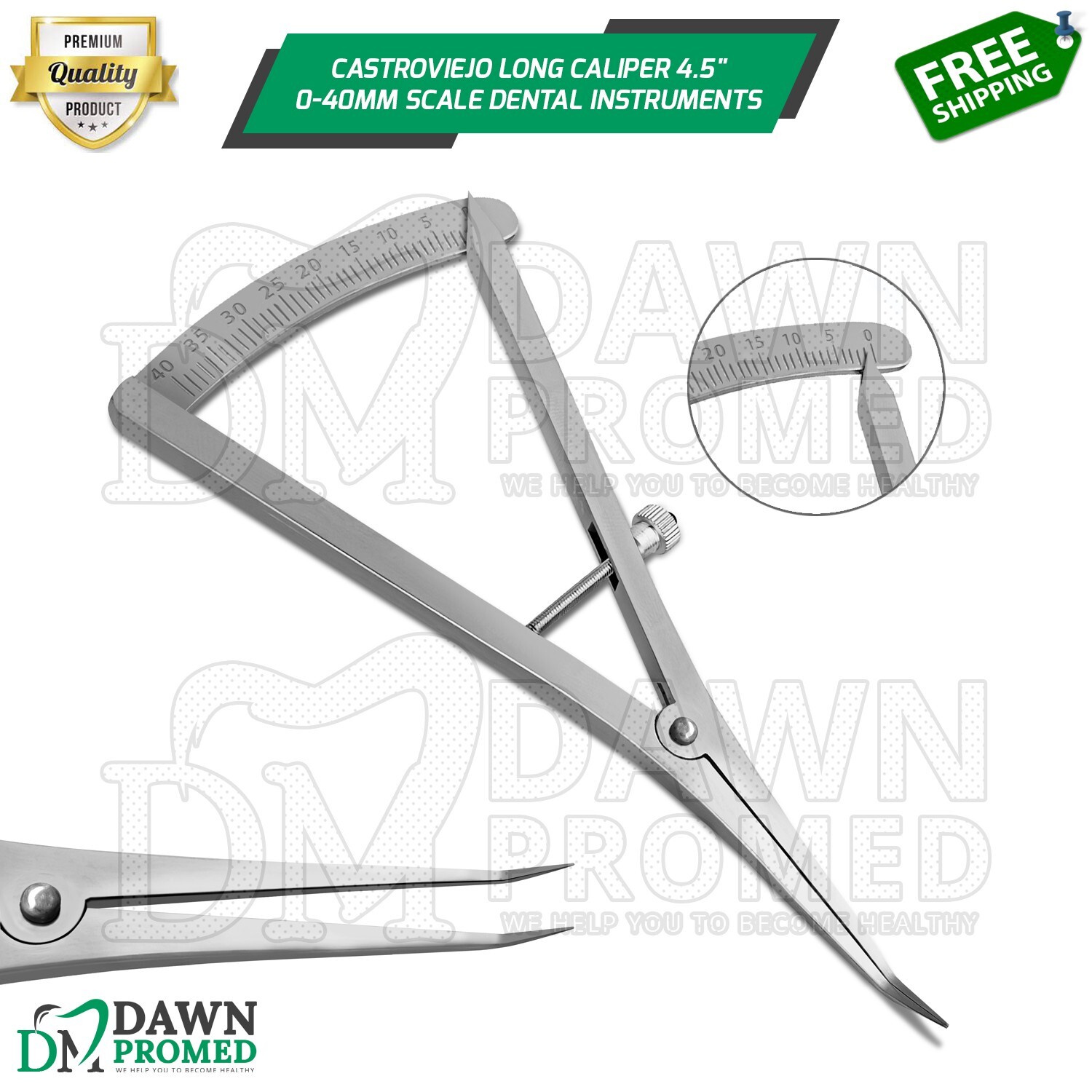Castroviejo Caliper Angled 4.5″ Long Bone Mapping 0-40mm Scale Dental Inst