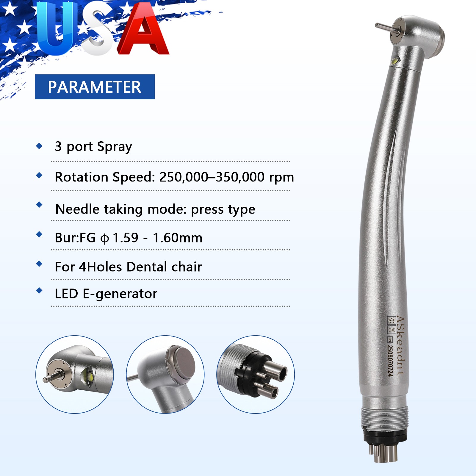 Dental PANA Max High Speed LED Handpieces NSK Type Internal Triple Spray Push US
