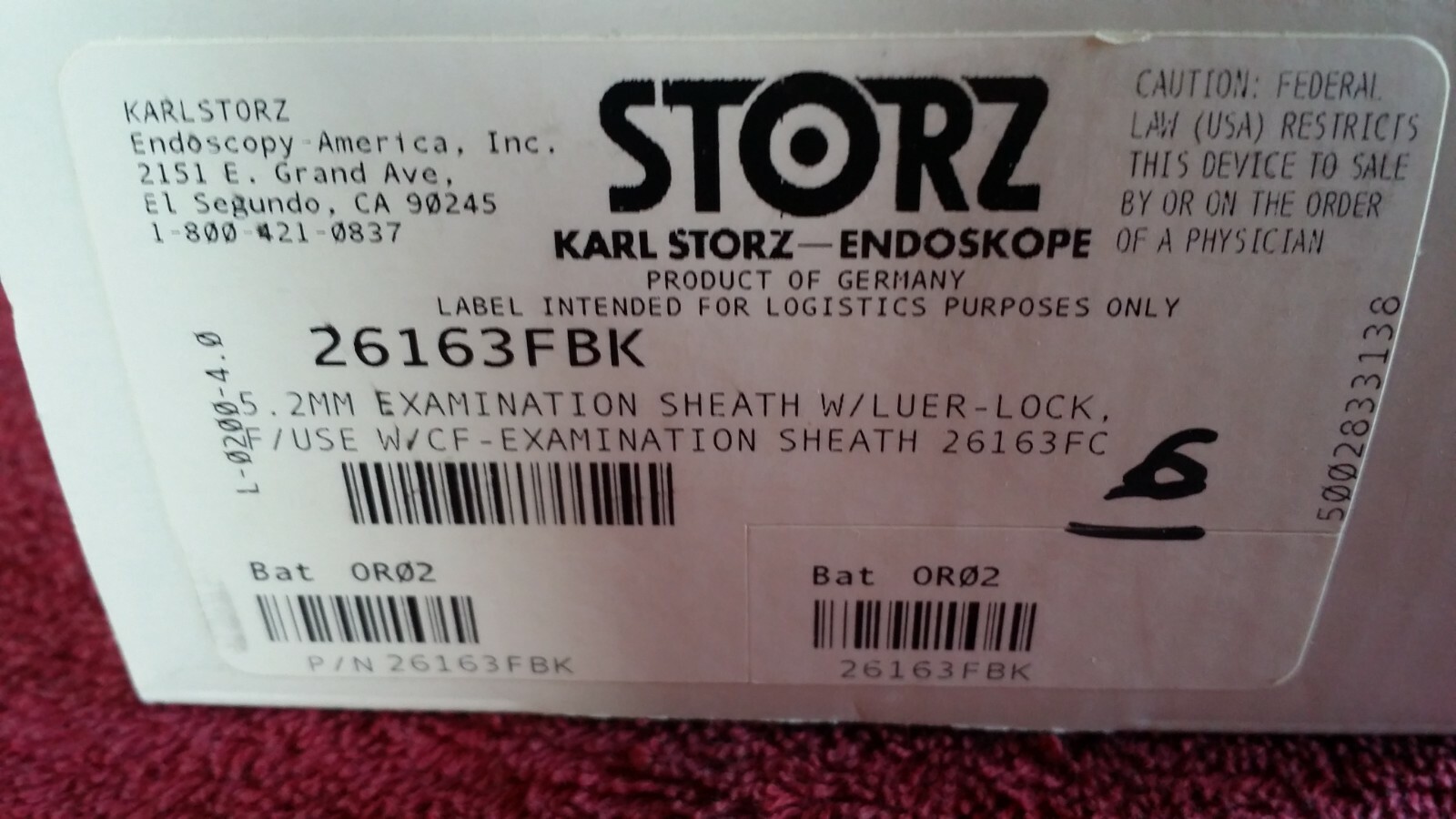 26163FBK KARL STORZ 5.2 MM EXAM SHEATH W LUER-LOCK USE W 26163FC