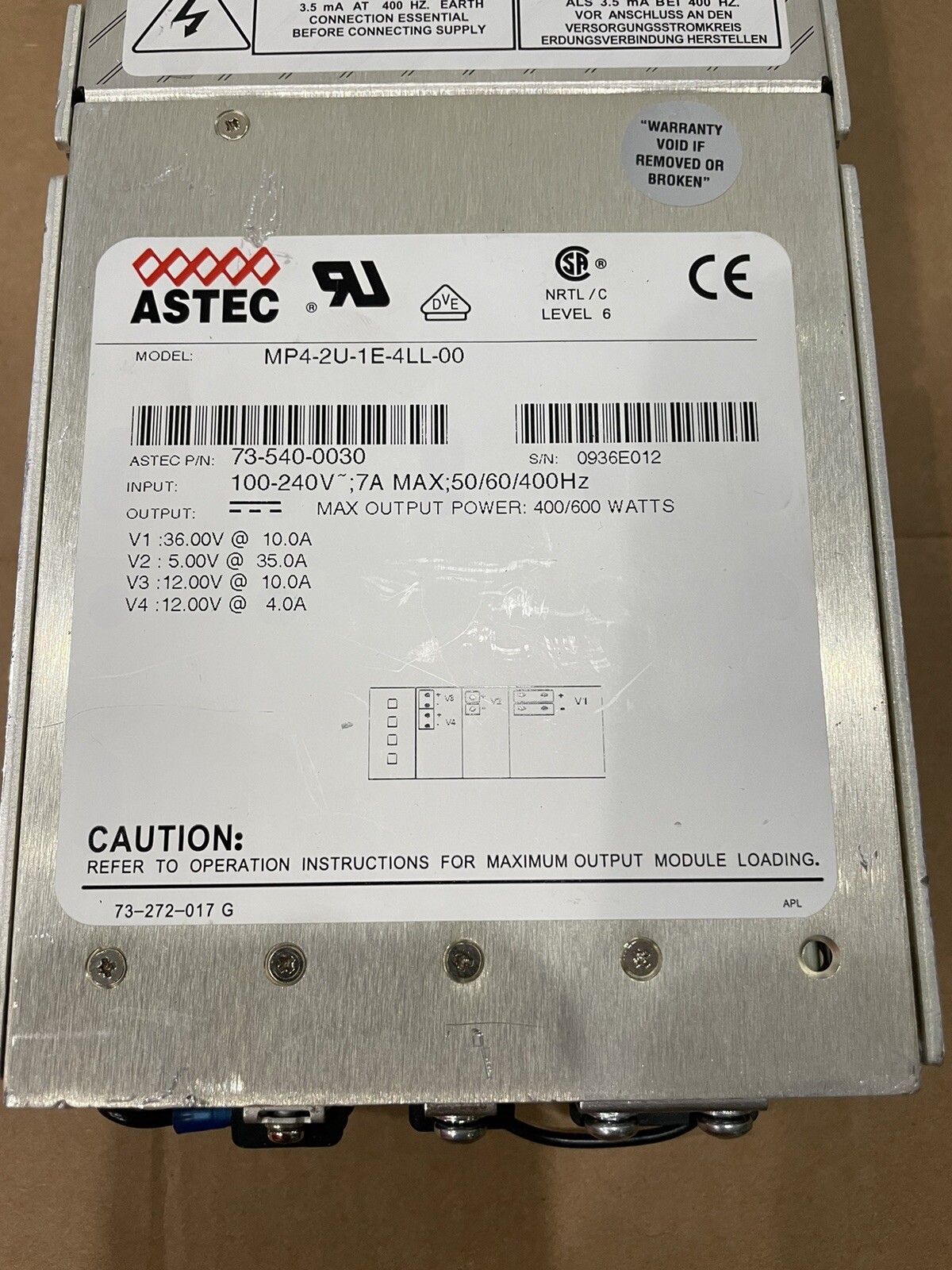 ASTEC 400 WATTS 12V 4A 10A MP4-2U-1E-4LL-00 POWER SUPPLY MVP SERIES 73-540-0030