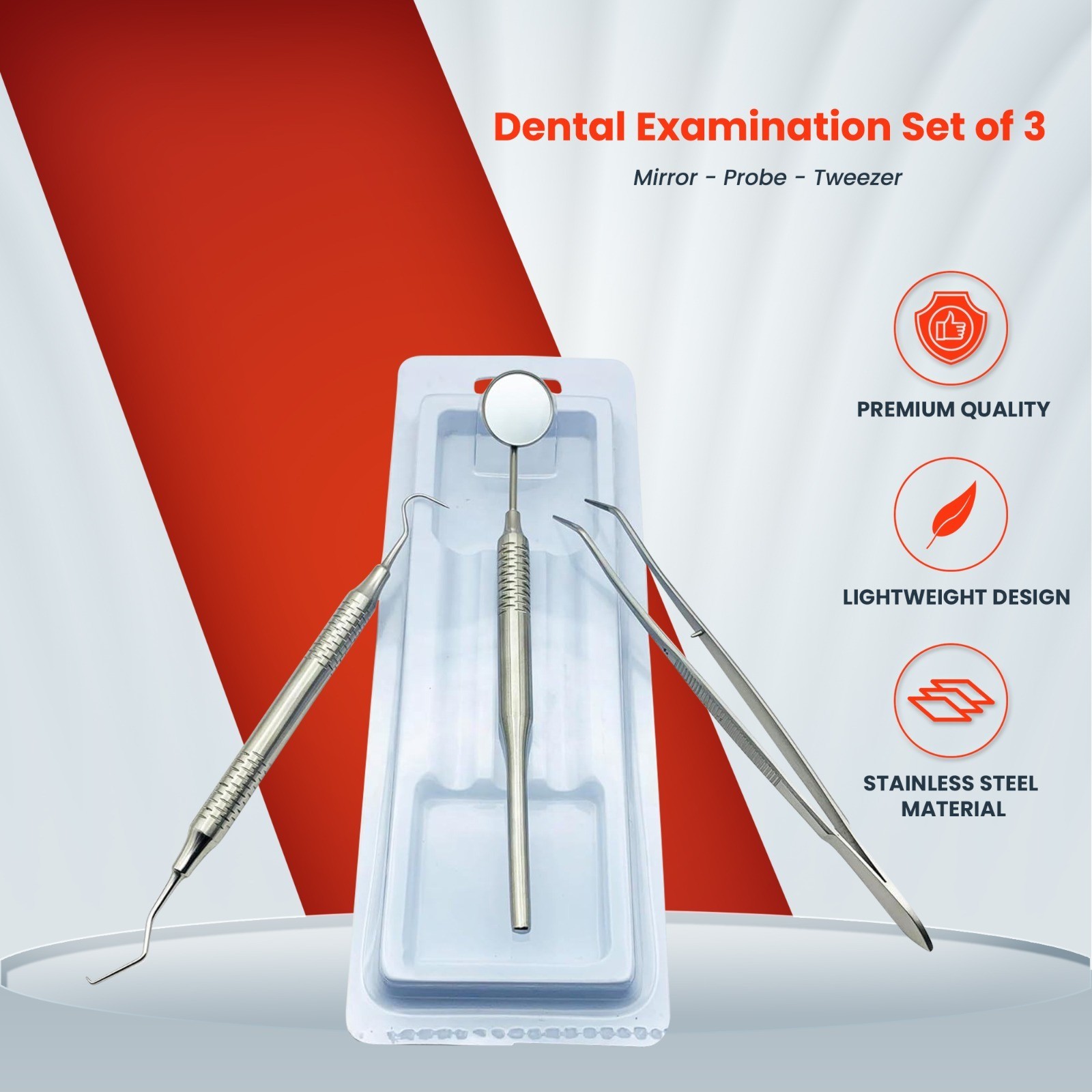 Basic Examination Dental Diagnostic Kit 3 Pcs Thick Soft Grip Premium Handle