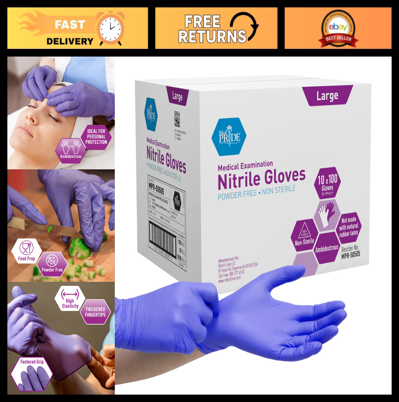 Large Powder-Free Nitrile Exam Gloves – 1000 Count (10 Boxes of 100) – Medical U
