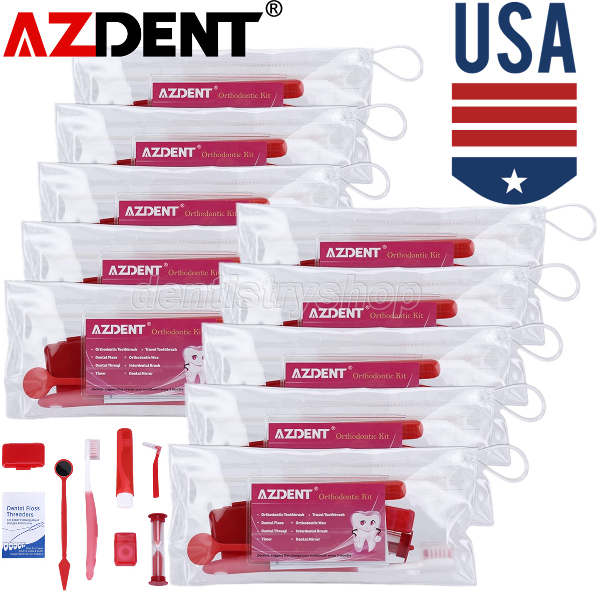 10X AZDENT Dental Orthodontic Oral Care Kit Hygiene Clean Teeth Whitening Red