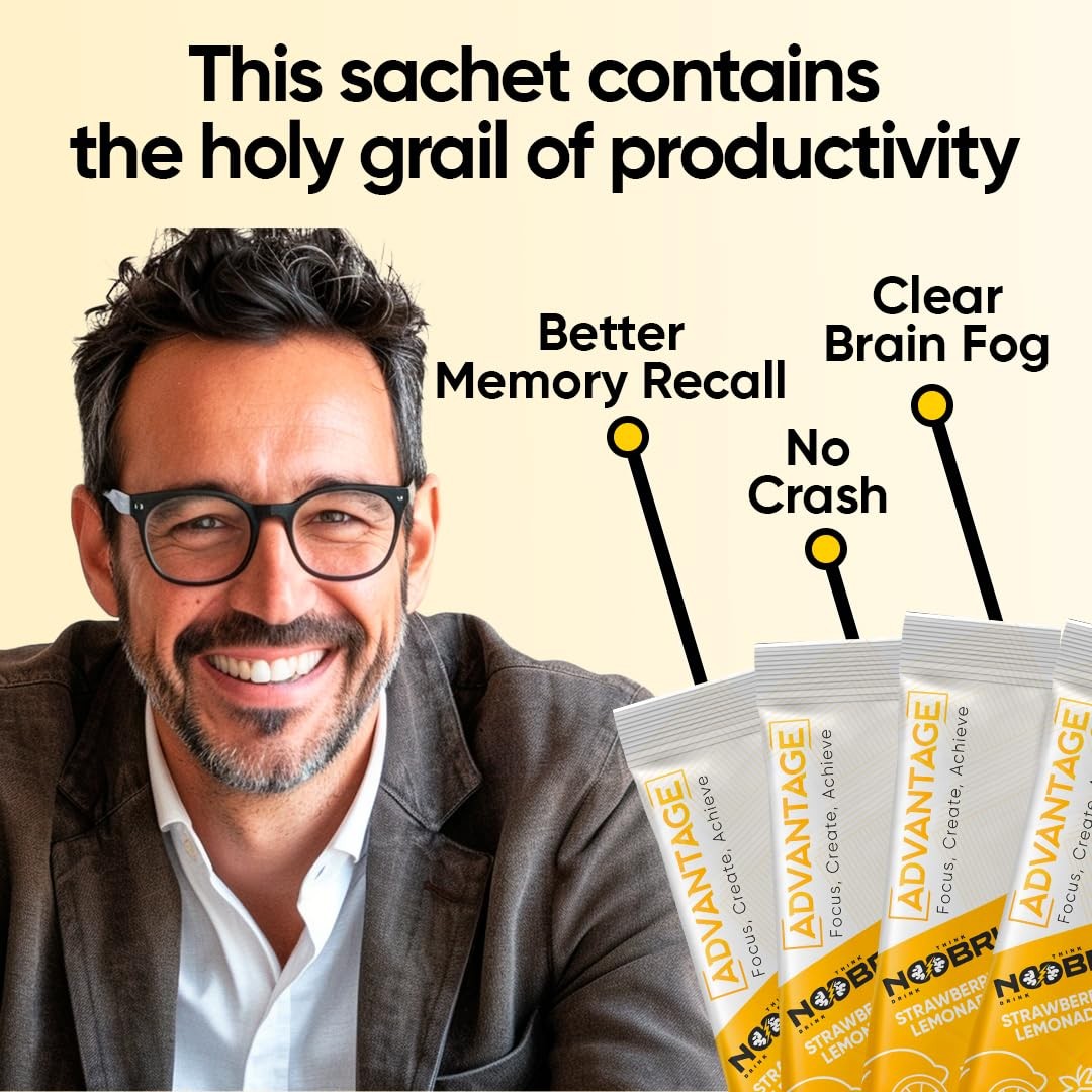 Noobru Advantage Nootropic Brain Supplement 20 Strawberry Lemonade Sachets 1 Mon