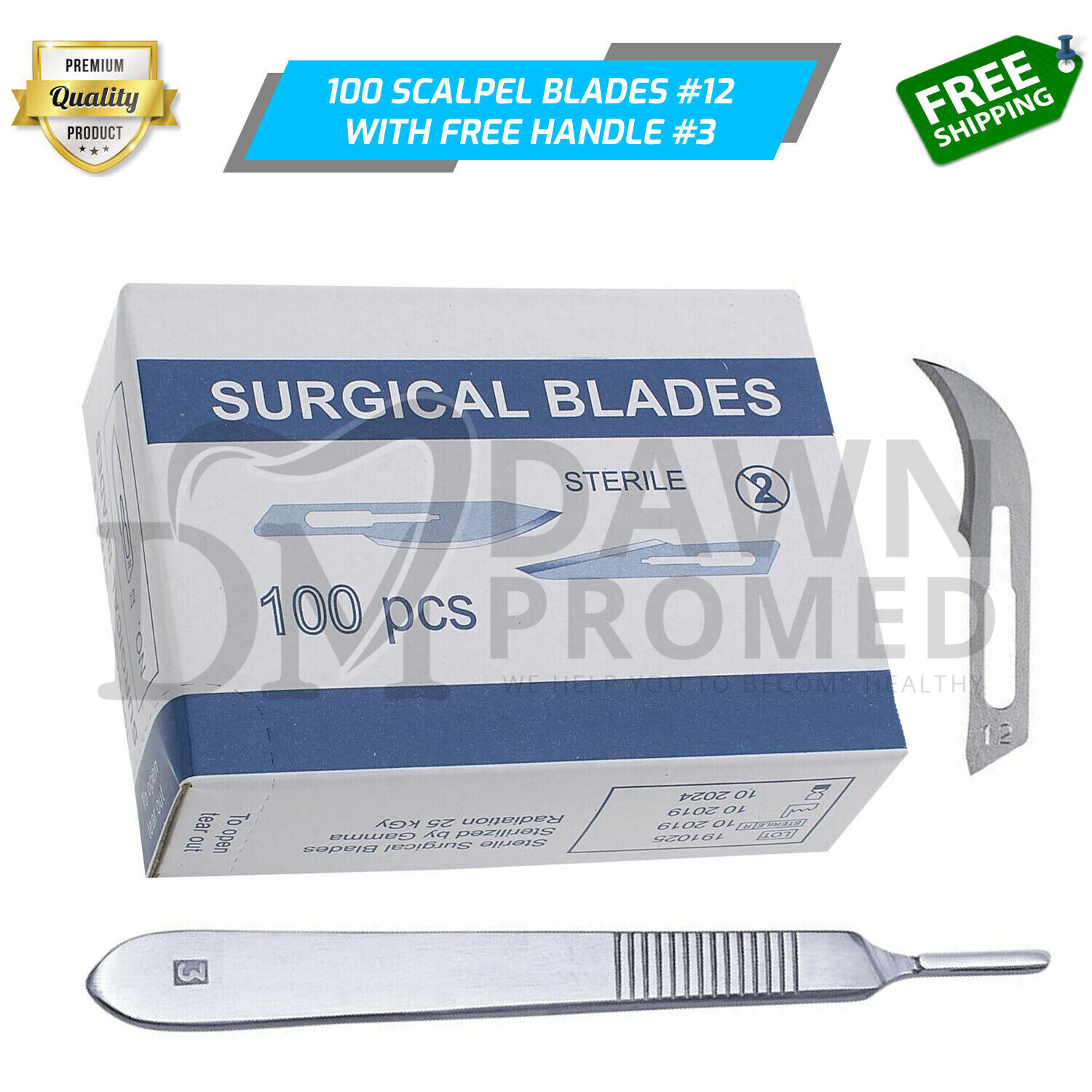 100 Sterile Surgical Blades #12 with FREE BP Scalpel Handle #3 Medical German Gr