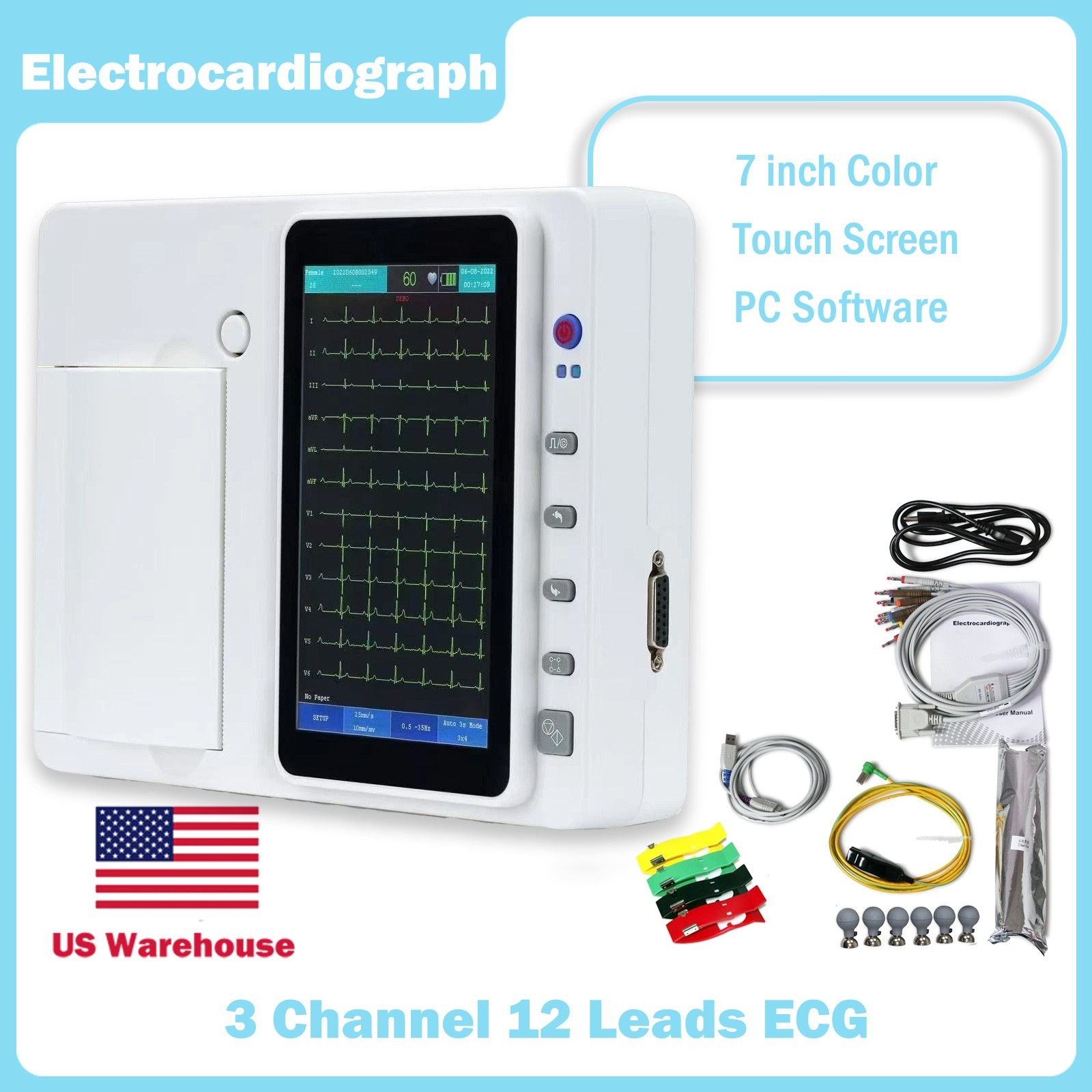 US Stock 3 Channel 12 Lead 7 Inch Touch Screen ECG EKG Machine With PC software
