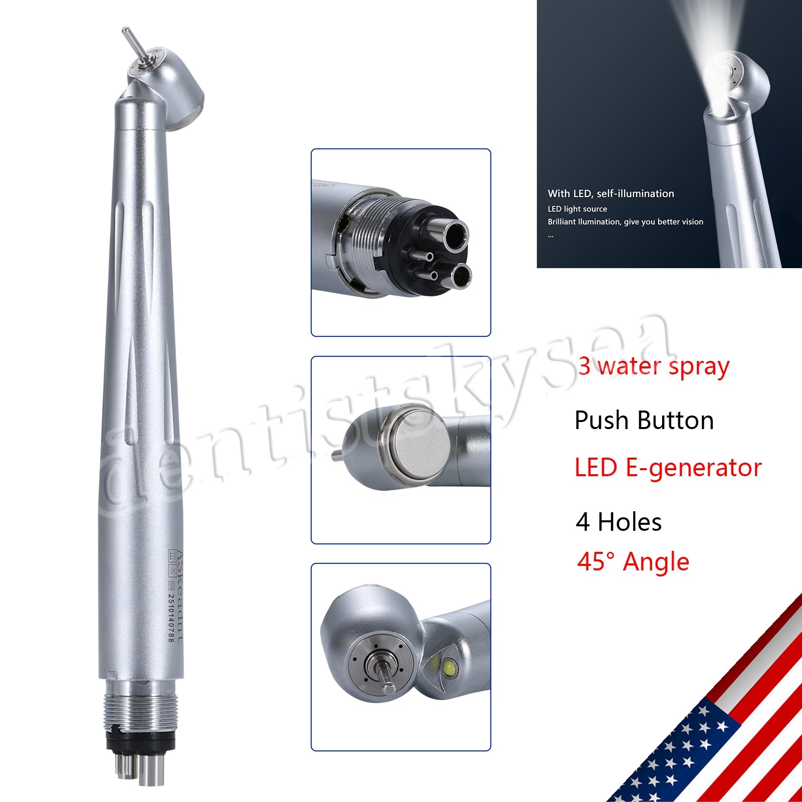 Pieza de mano quirúrgica dental de fibra con LED y generador E de 45 grados 4H