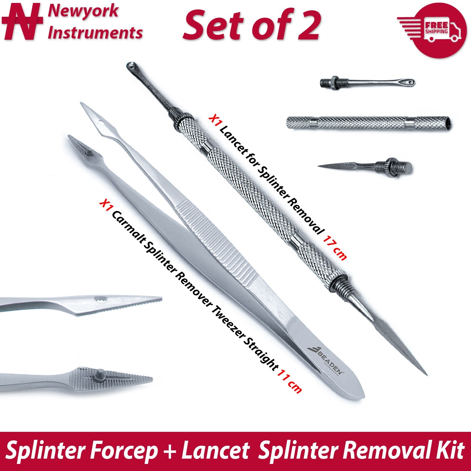 Set of 2 Carmalt Splinter Forcep Tweezer Straight & Lancet Splinter Removal Kit