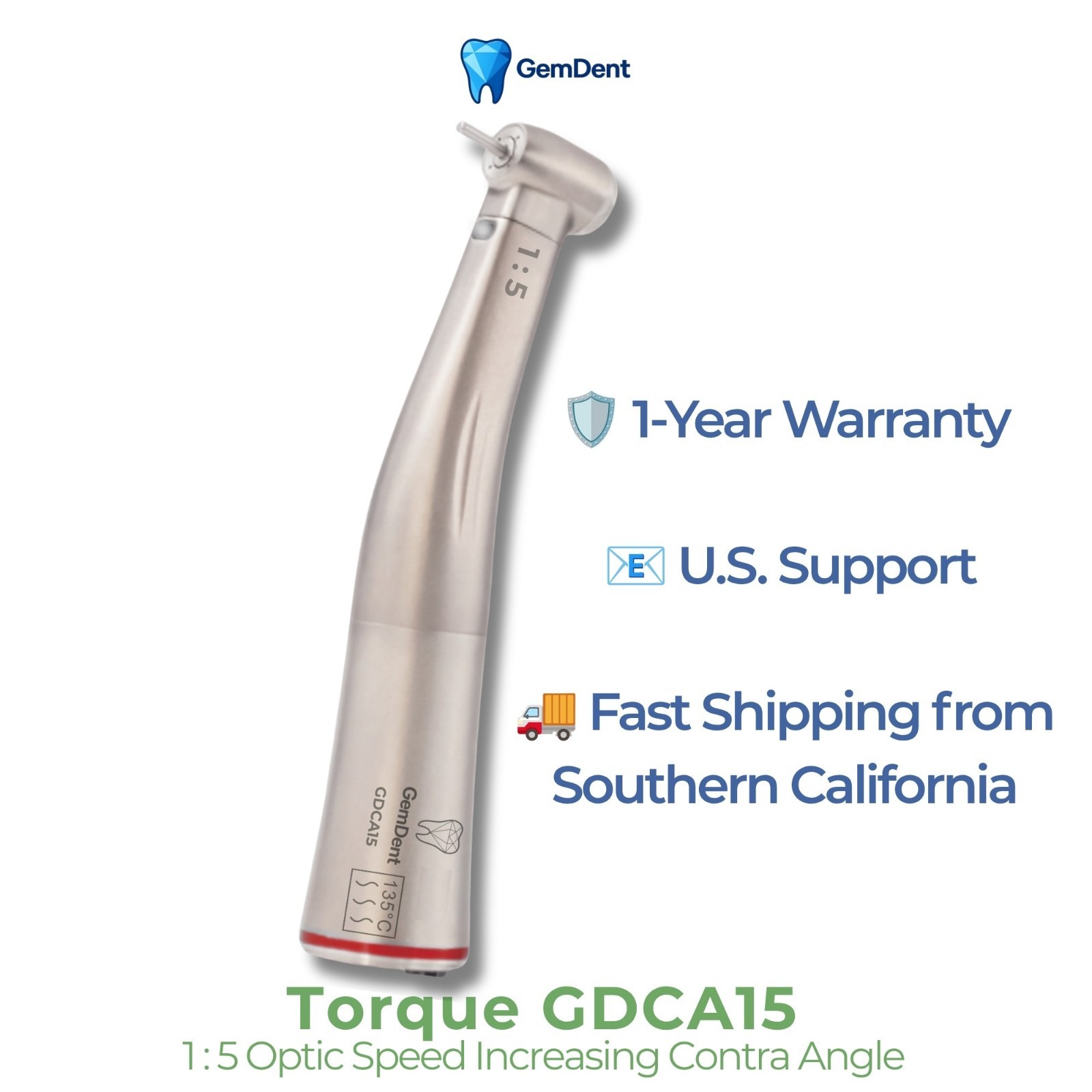GemDent 1:5 Contra Angle Fiber Optic LED Speed Increasing Internal Water