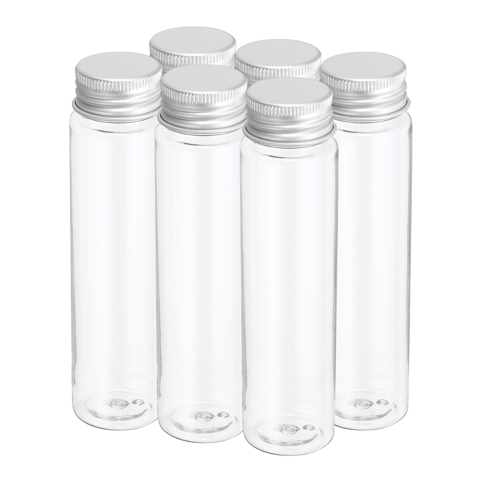 6Pack 80ml Plastic Test Tubes with Screw Caps 128x33mm Flat Bottom, Silver Tone