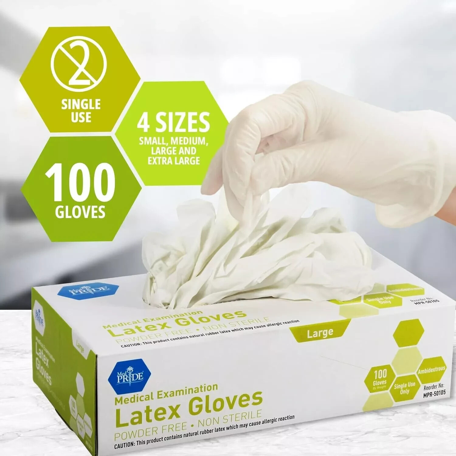 MedPride Latex Exam Gloves, Powder Free, Large, Box/100