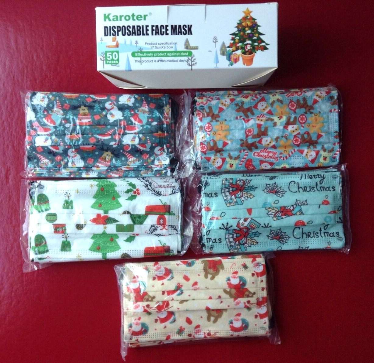 Face Masks, Disposable, Christmas Holiday by Karoter 3 Ply Kids Size ~ 50 Piece
