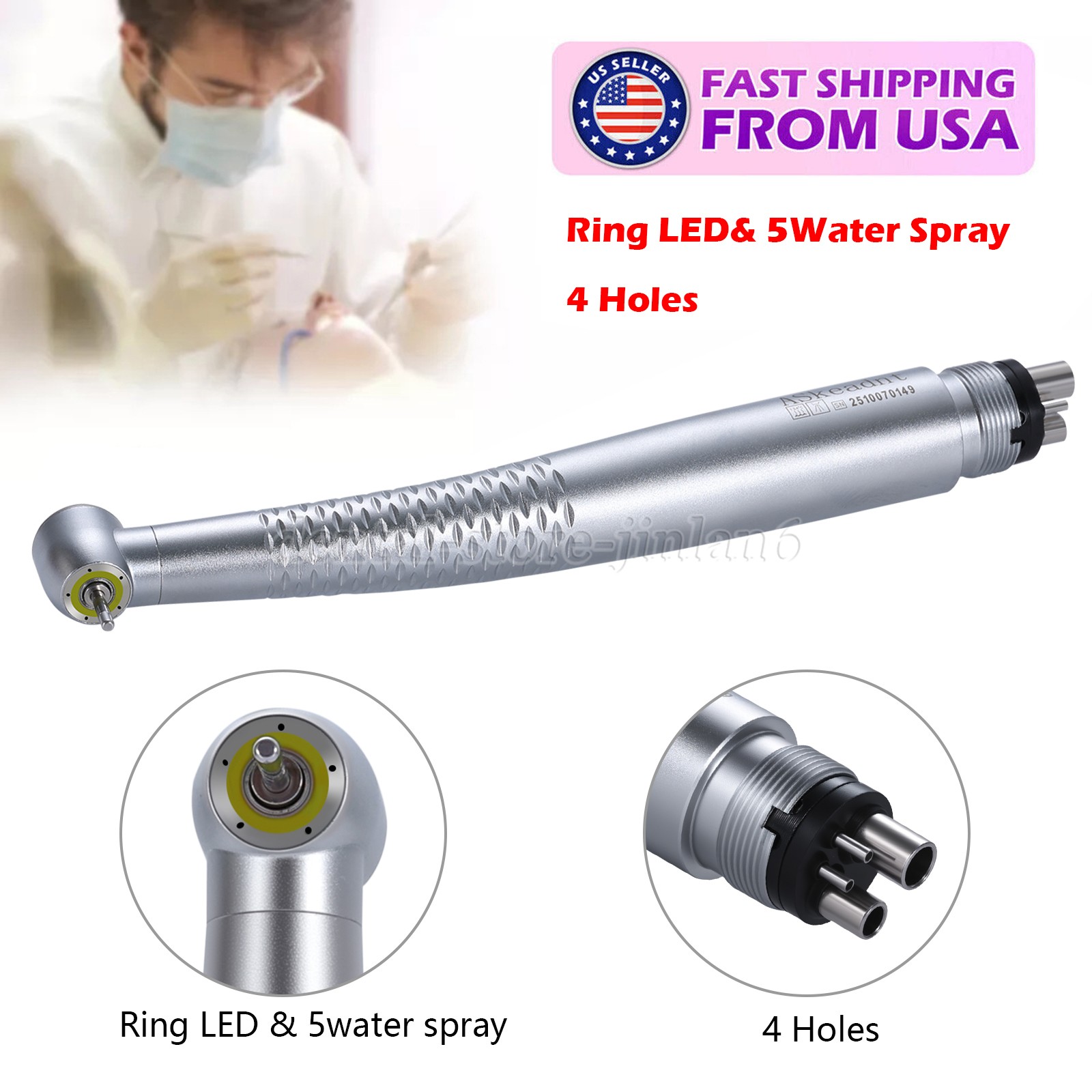 1-10 PCS Dental Shadowless Ring LED High Speed Handpiece 5 Water Spary 4 Holes