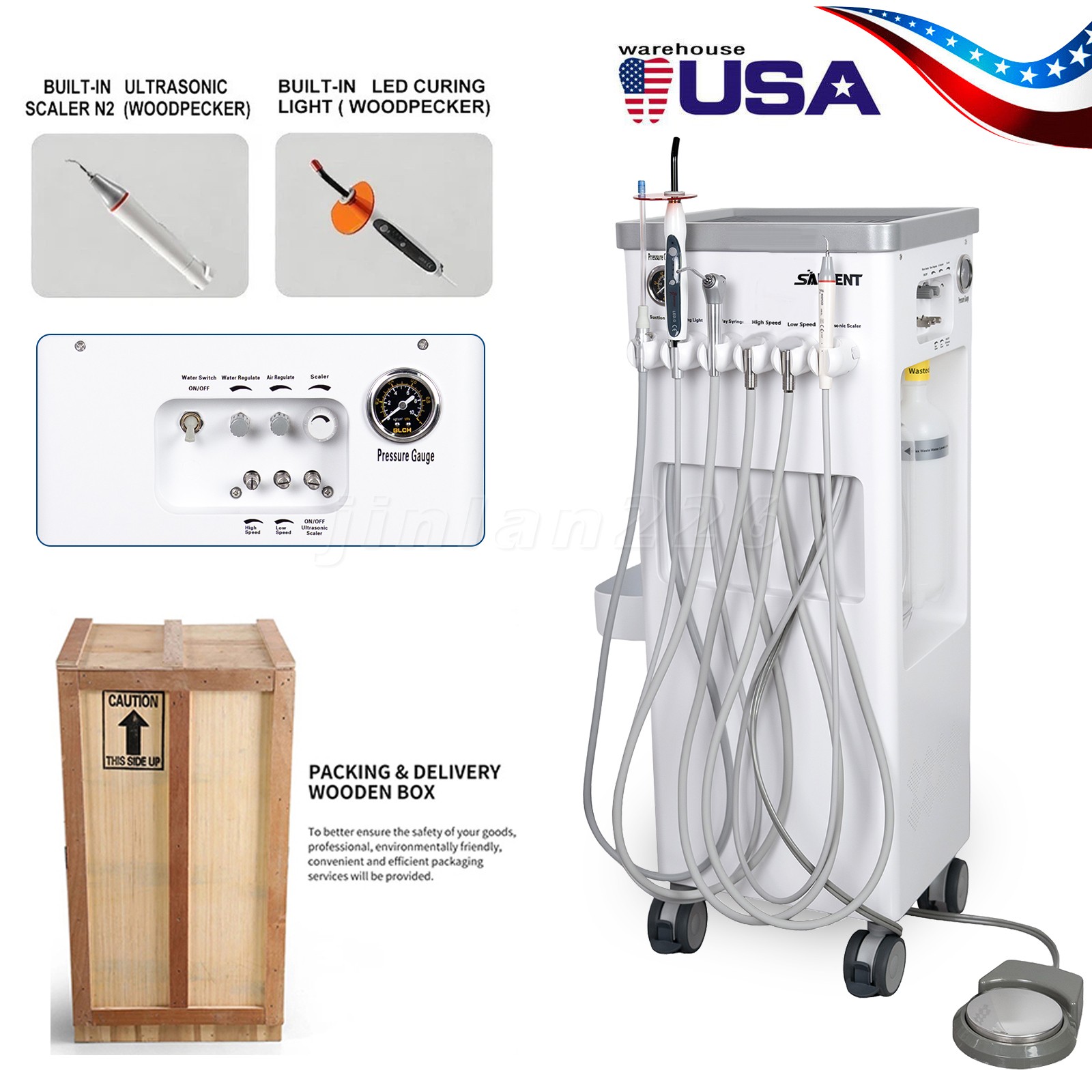 Dental mobile Delivery Unit Treatment Cart with Compressor scaler LED Light