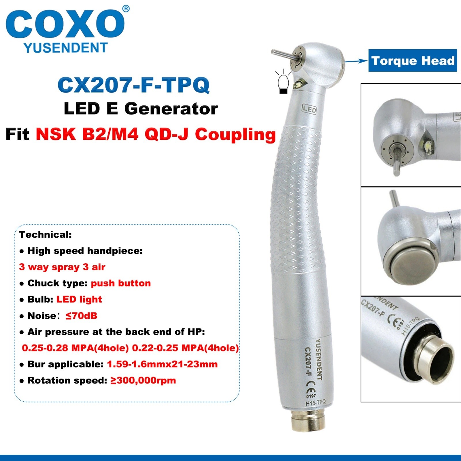 US COXO Dental LED Handpiece High Speed E Generato 2/4 Holes Coupler Fit NSK