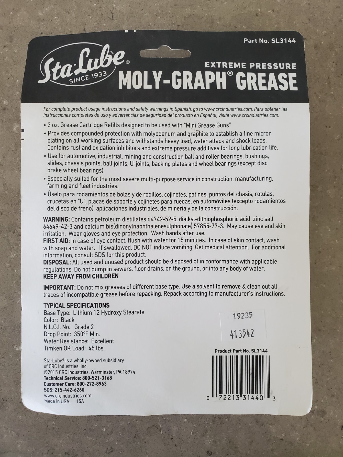 CRC Sta-Lube Moly-Graph Grease SL3144 – 3 Pack of 3 oz. Cartridge Refills