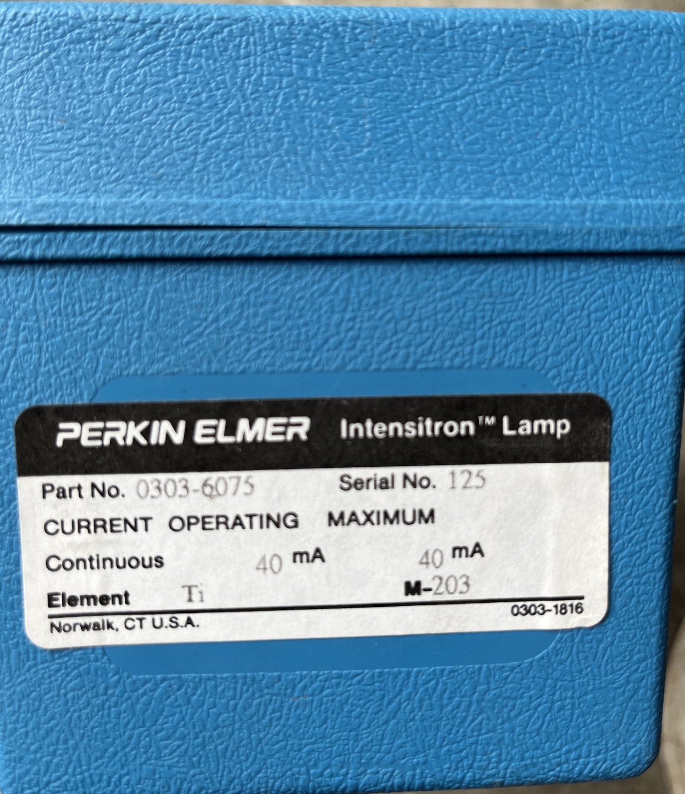 PERKIN ELMER INTENSITRON LAMP 0303- 6075 40 mA ELEMENT (NEW) Same Day Shipping!