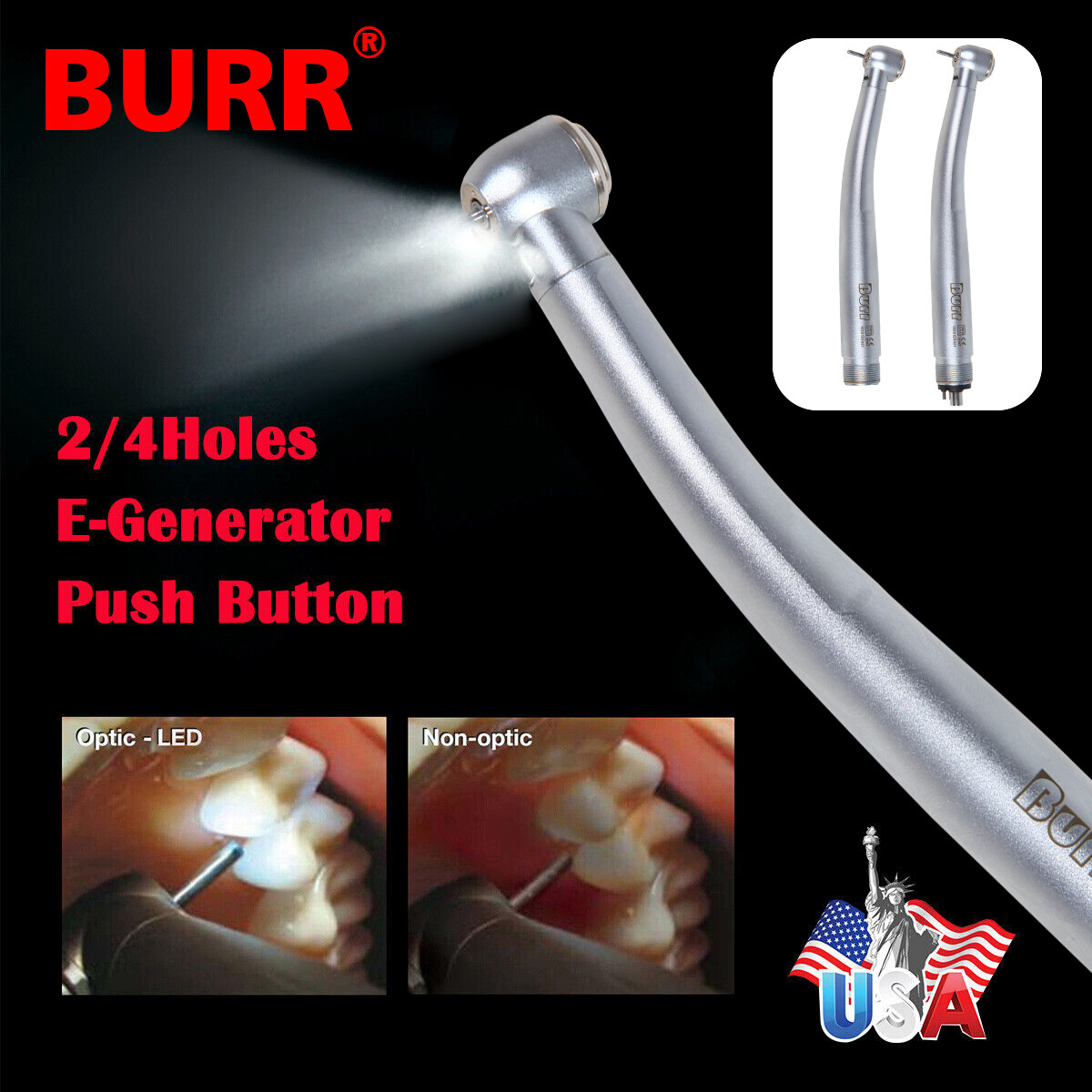 Dental Fiber Optic LED E-generator Handpiece 2/4H /10pcs Tungsten Carbide FG Bur
