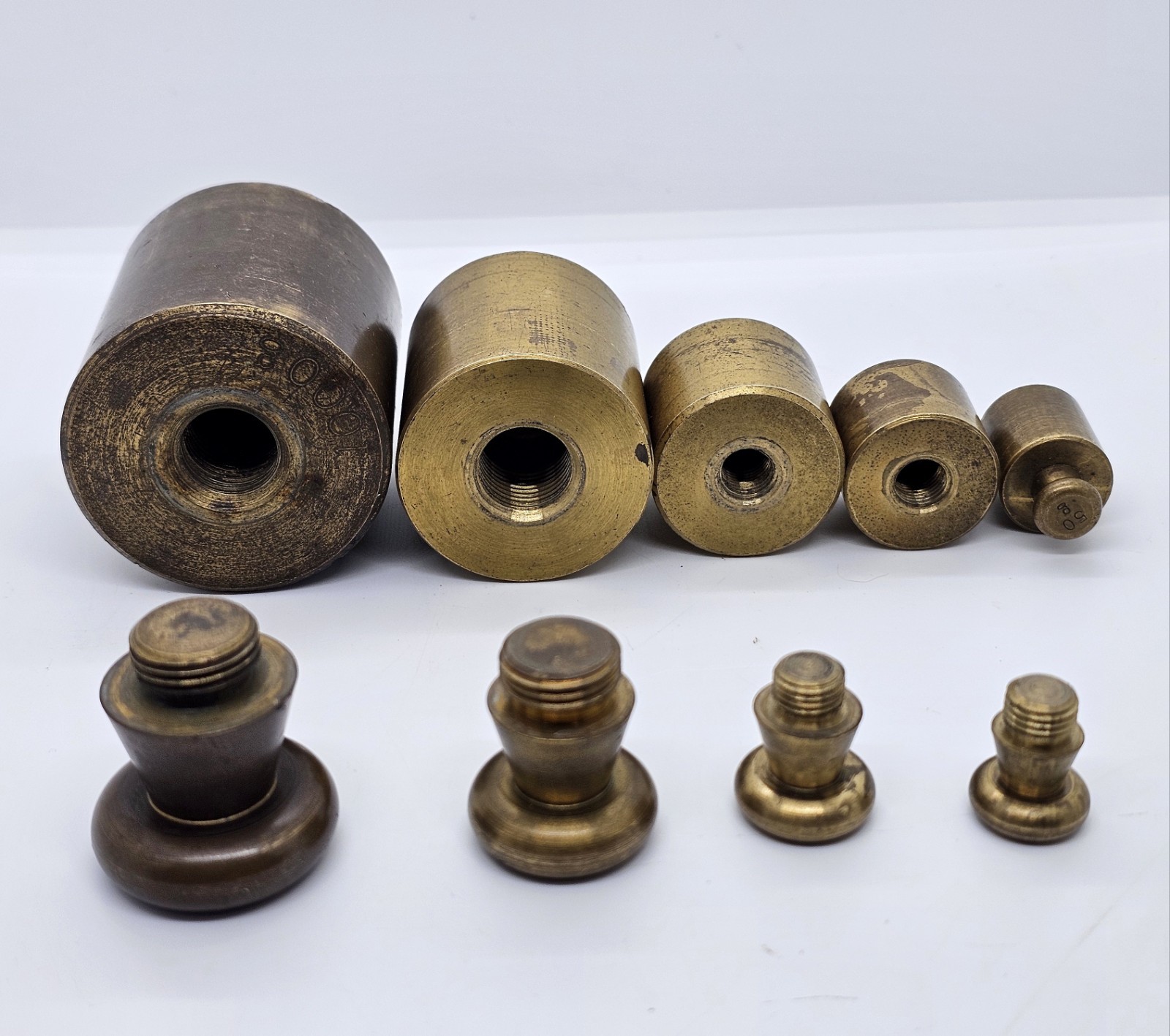 5 Screw Top Knobs BRASS SCALE WEIGHTS, Calibration Apothecary 1000 500 200 Grams