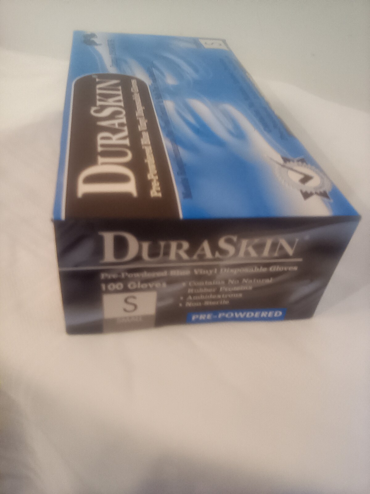 Duaskin pre-powered blue vinyl disposable gloves 100 ct item # 2906W/S small
