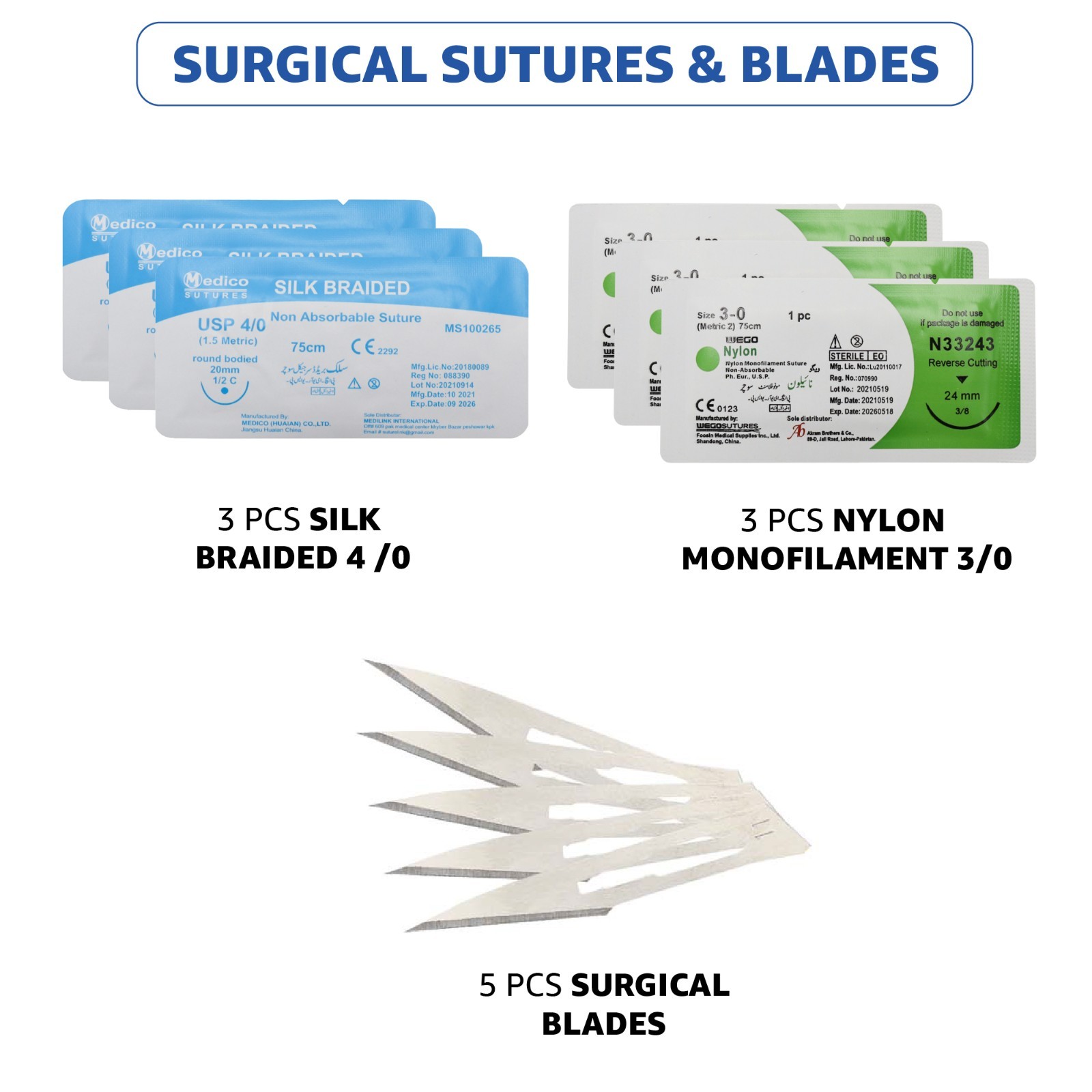 20 Pcs Suture Kit with Scissors Needles and Thread Silicon Pad Student Training