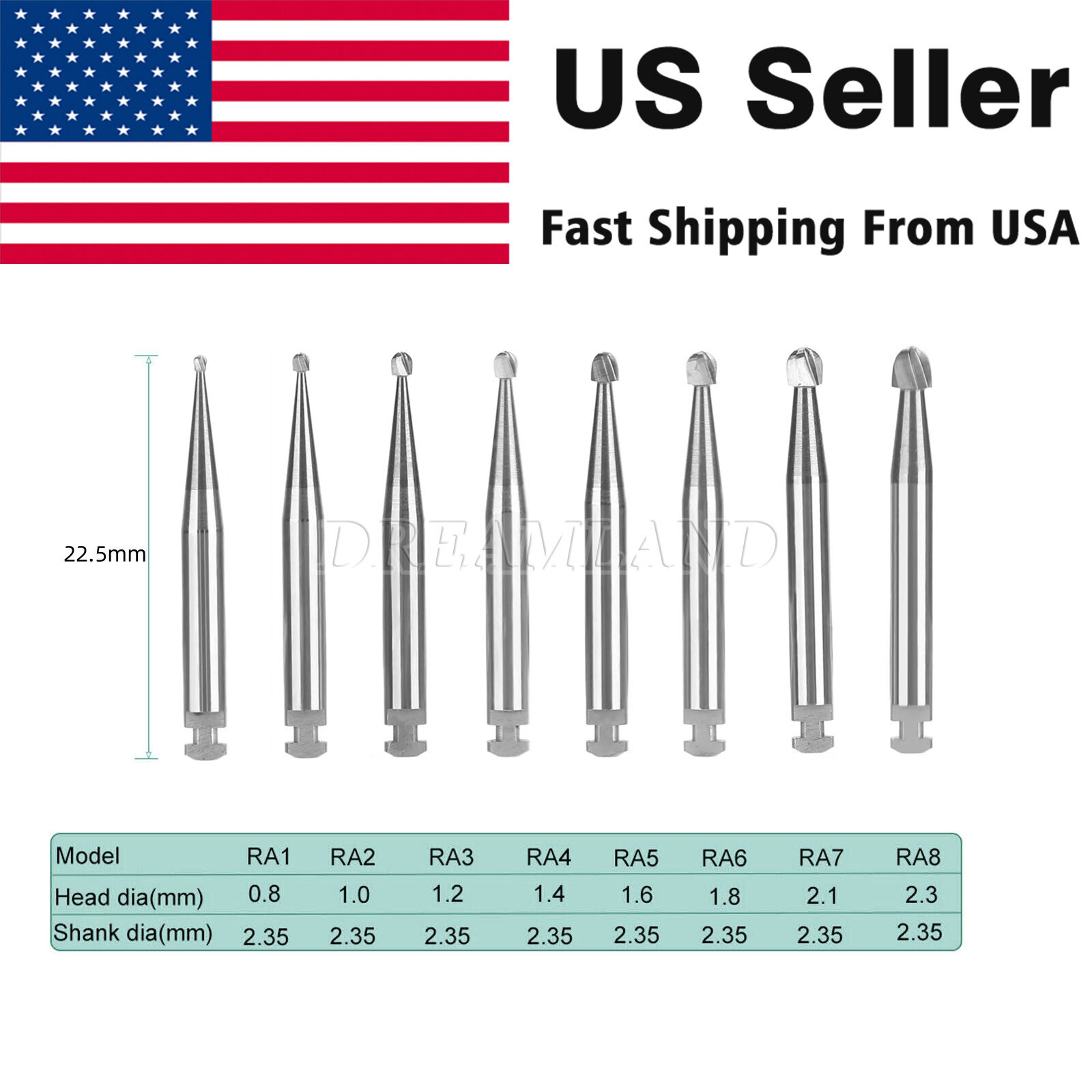 RA #1-8 Regular Round Carbide Burs for Slow Speed Latch RA1-RA8 Dental