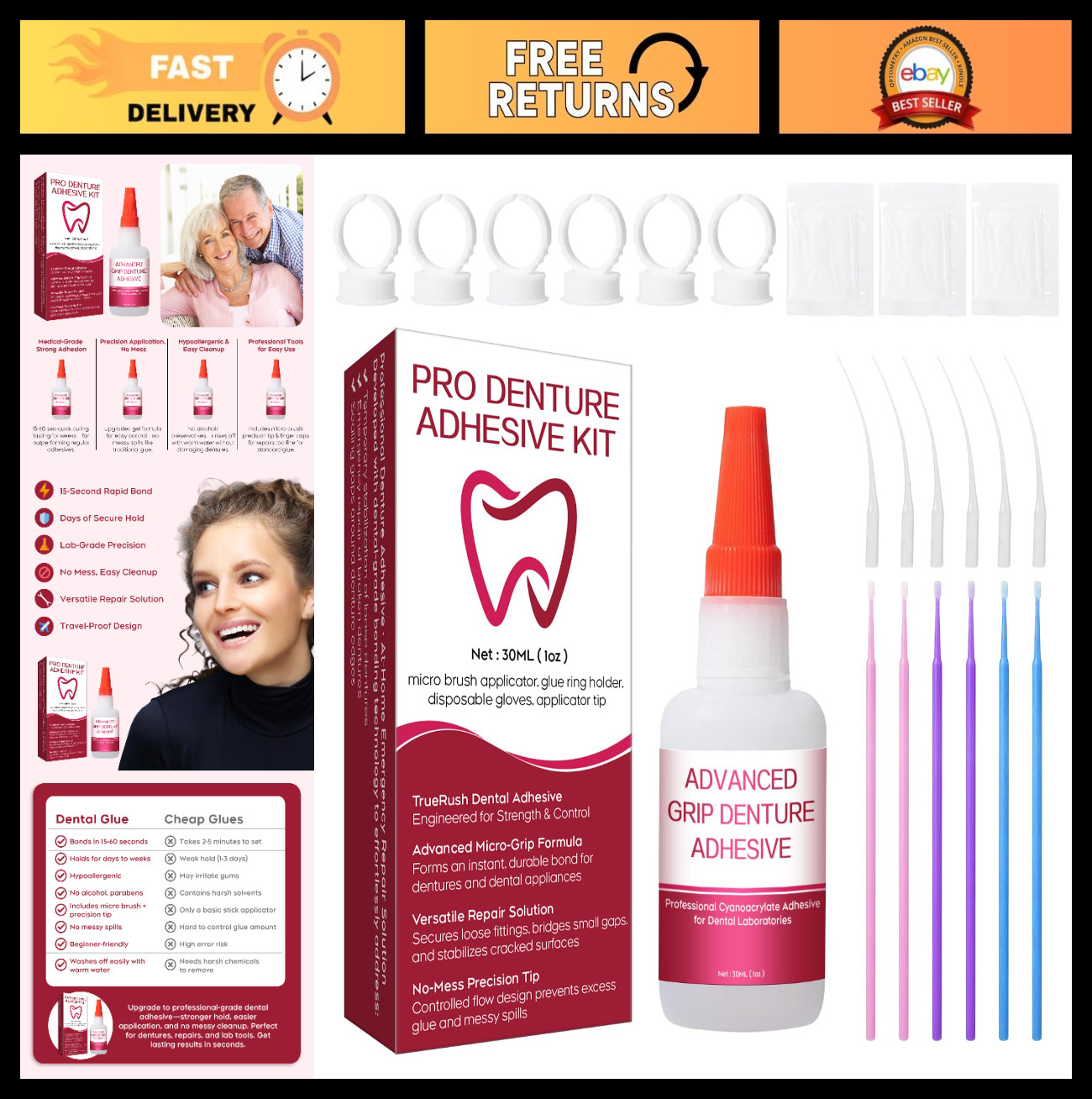 Instant Dental Bonding Glue for Dentures & Lab Tools – Fast-Setting 15-60 Sec, C