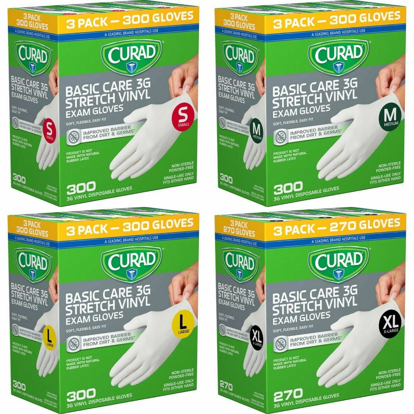 Curad Basic Care 3G Vinyl Exam Gloves, Small, Medium, Large, X-Large. 300 ct