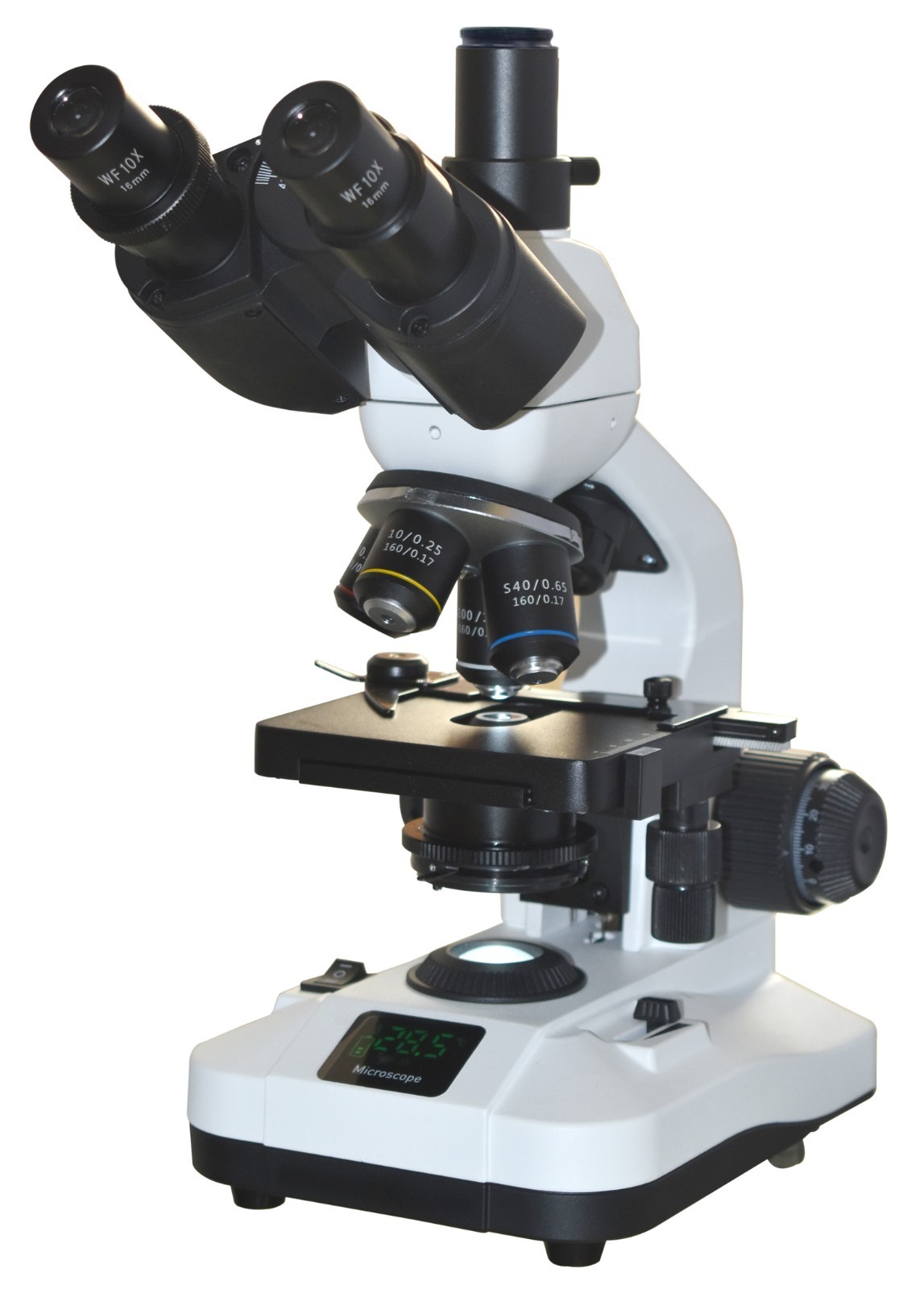 Trinocular Lab Microscope 2500x S-Plan Optics w 9” 4K Camera & LED Info Display