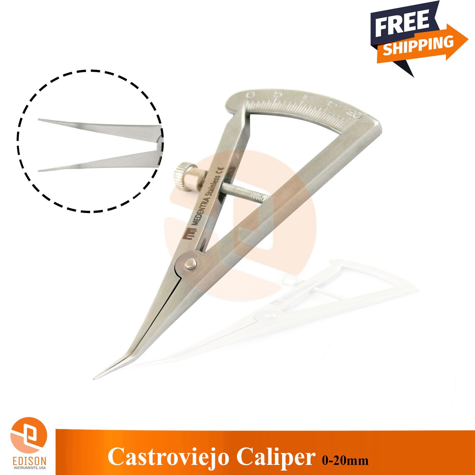 Castroviejo Caliper Curved Dental 20mm Measuring Orthopedic Ophthalmic Gauge
