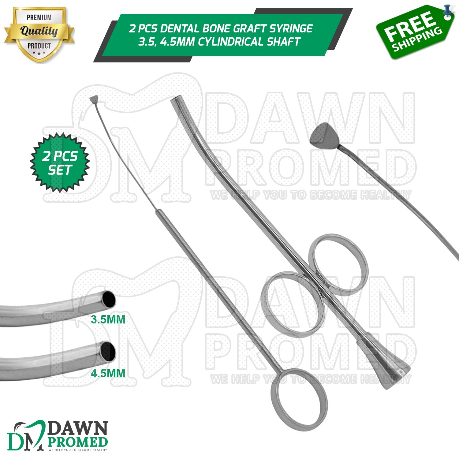 2 Pcs Dental Bone Graft Syringe 3.5, 4.5mm Cylindrical Shaft Set Sinus Lift
