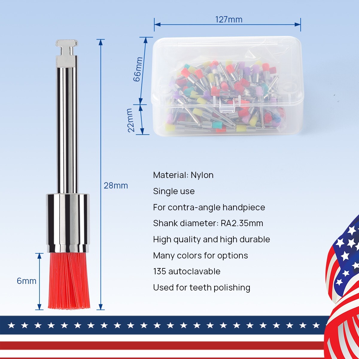 100pcs Dental Nylon Polishing Prophy Brushes Flat Latch RA Burs Mixed Color