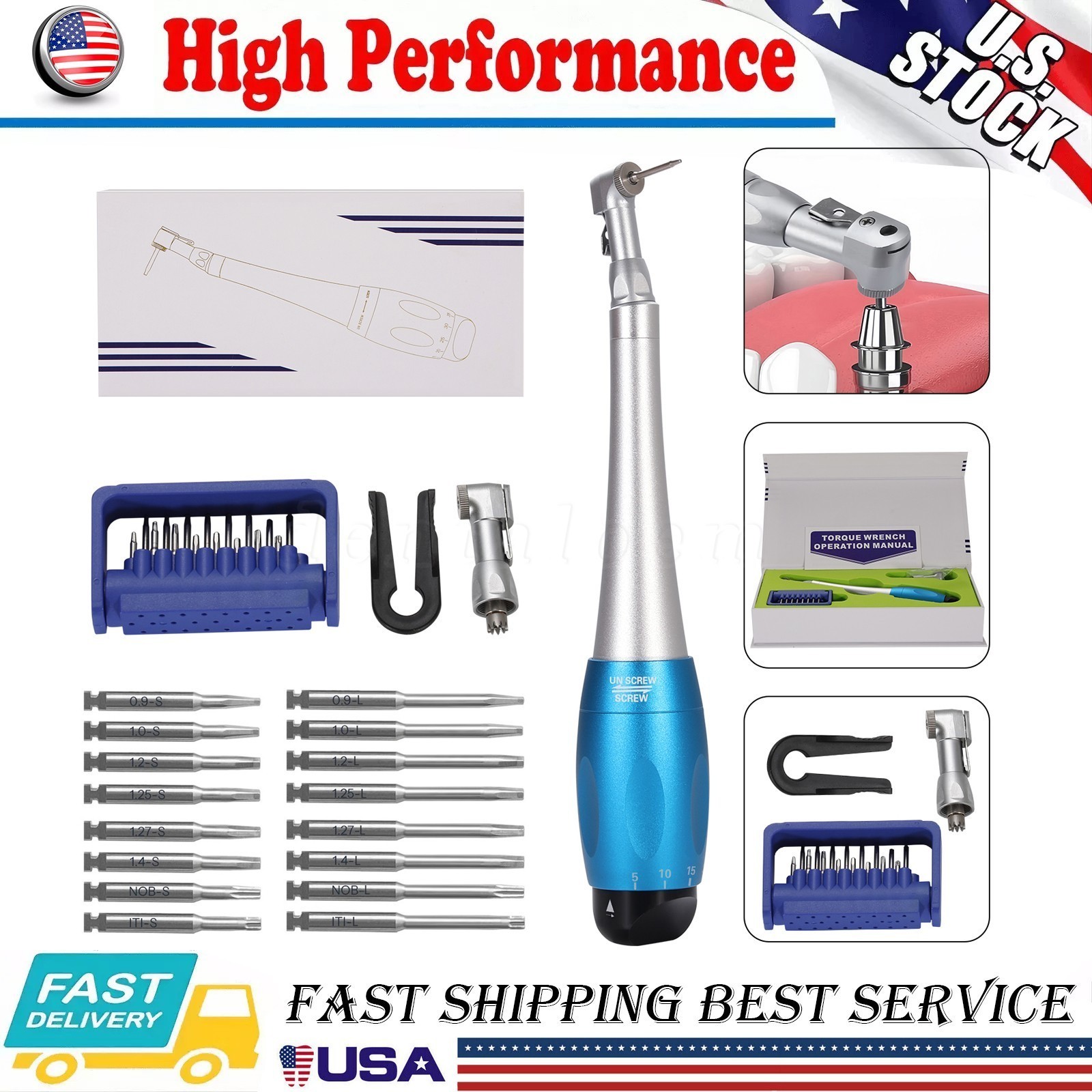 Dental Universal Implant Kit Torque Wrench Contra Angle & 16pcs Drivers Blue