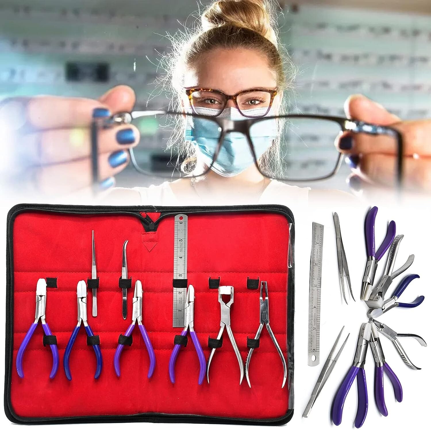 9-Eyeglass Optical Optician Tools Pliers Bent Nose Rimless Optical PLIER KIT