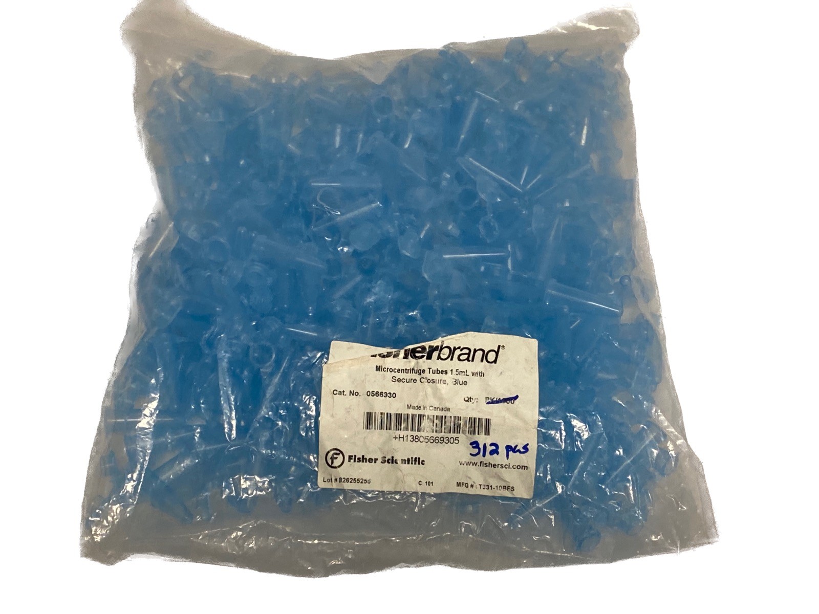 (312) FISHERBRAND 1.5mL Blue Conical Microcentrifuge Tubes w/Snap Cap 0566930