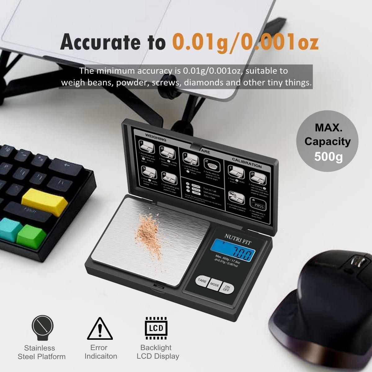 Gram Digital Scale 0.01g Accuracy, 500g Small Pocket Scale Jewelry Scale